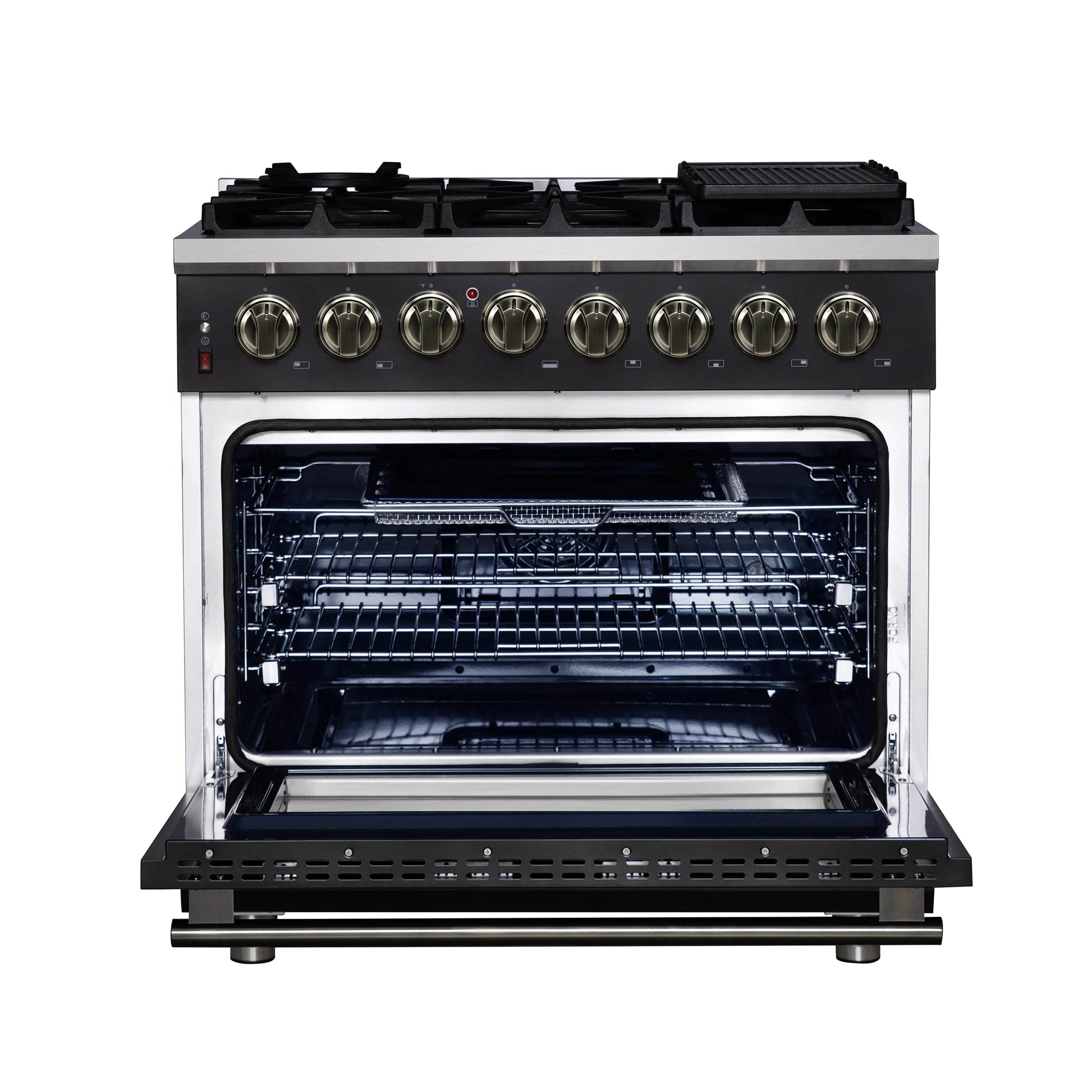 Black 36-inch dual fuel range with 6 burners and open convection oven