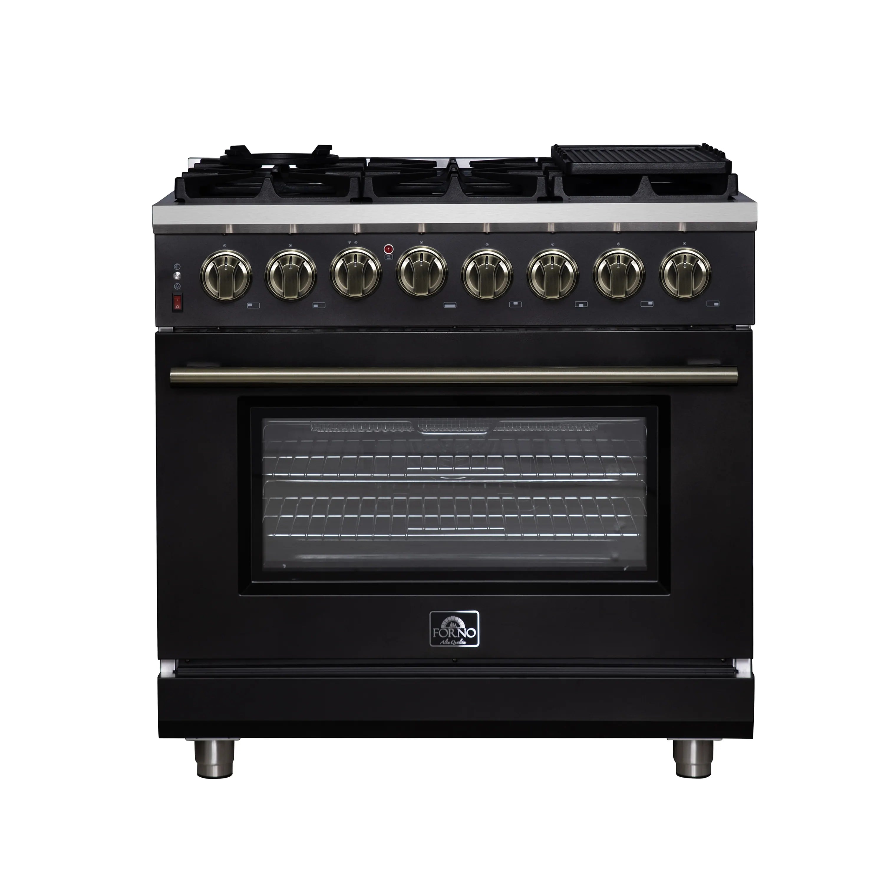 Black freestanding dual fuel range with 6 burners and closed convection oven door