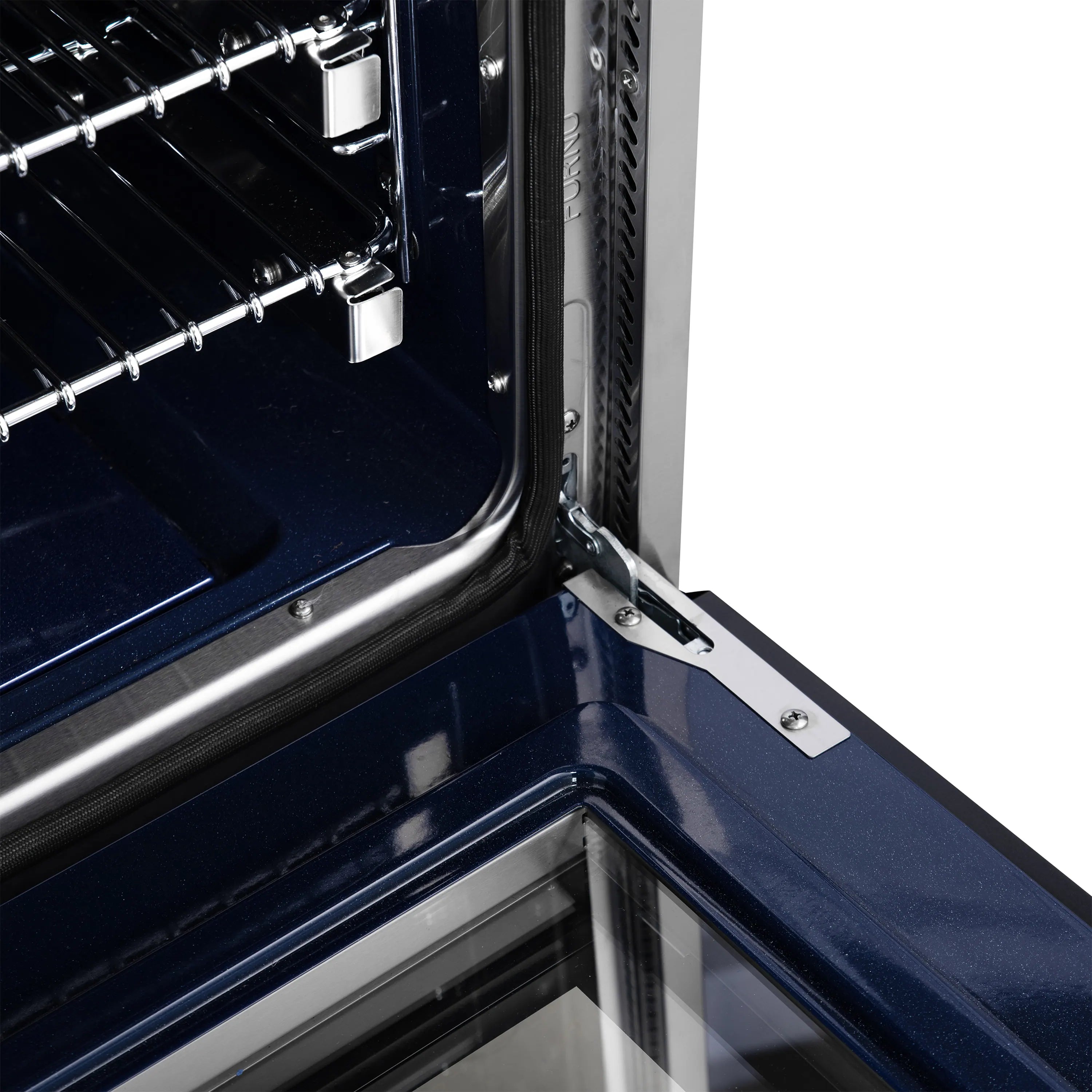 Black oven door hinge and broiler cavity detail on dual fuel range