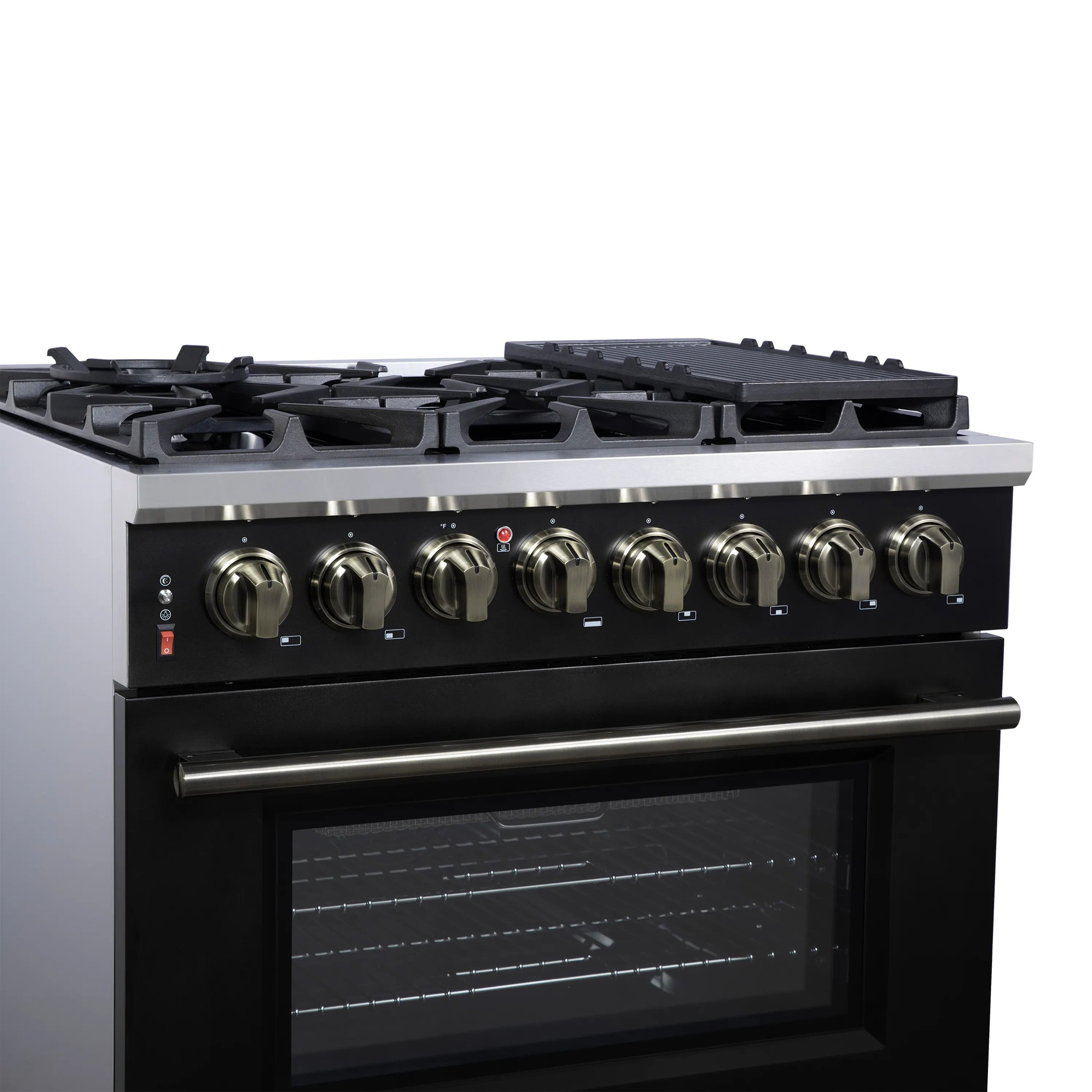 Black freestanding dual fuel range with 6 burners and brass-tone control knobs