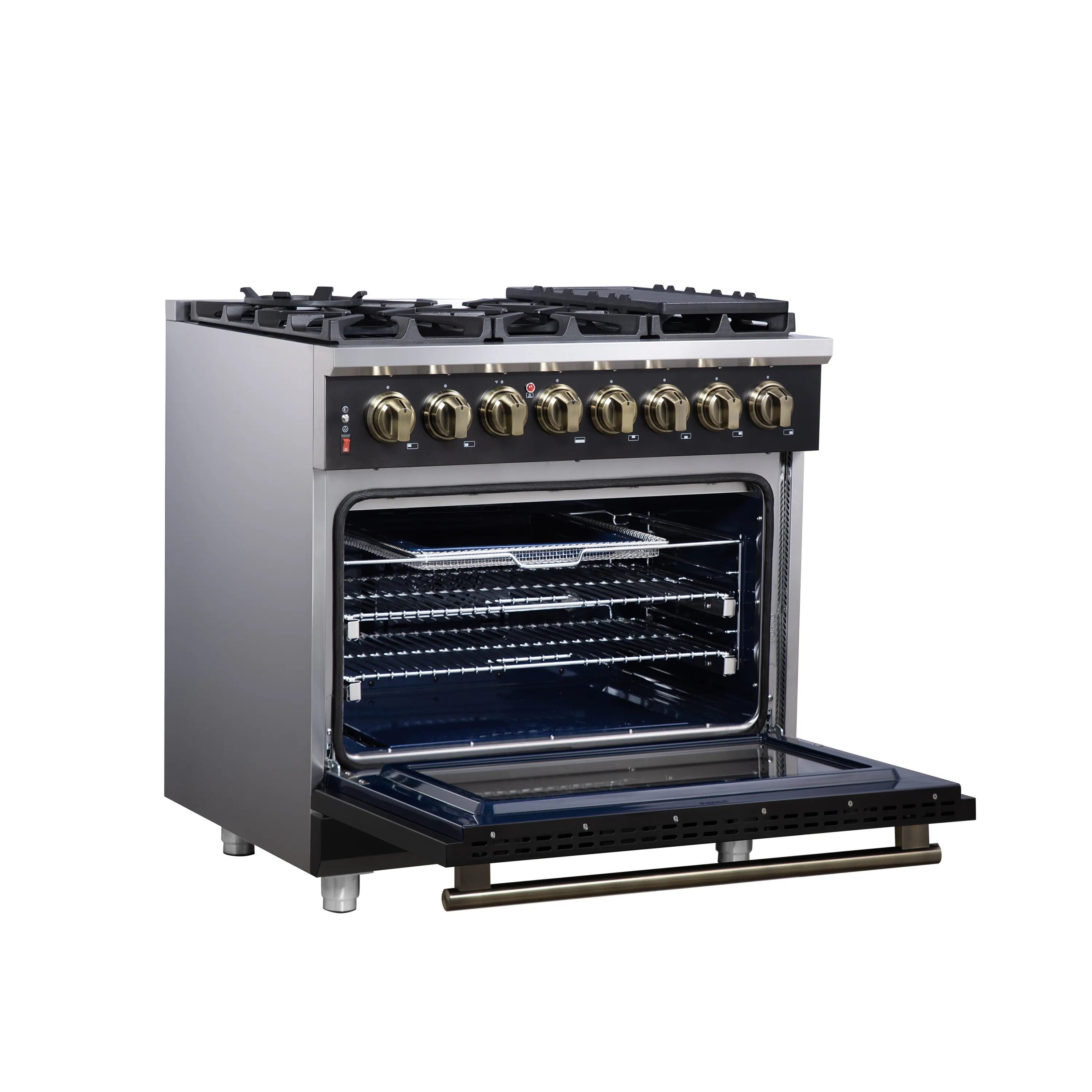 Freestanding range with open convection oven and brass-tone burner control knobs