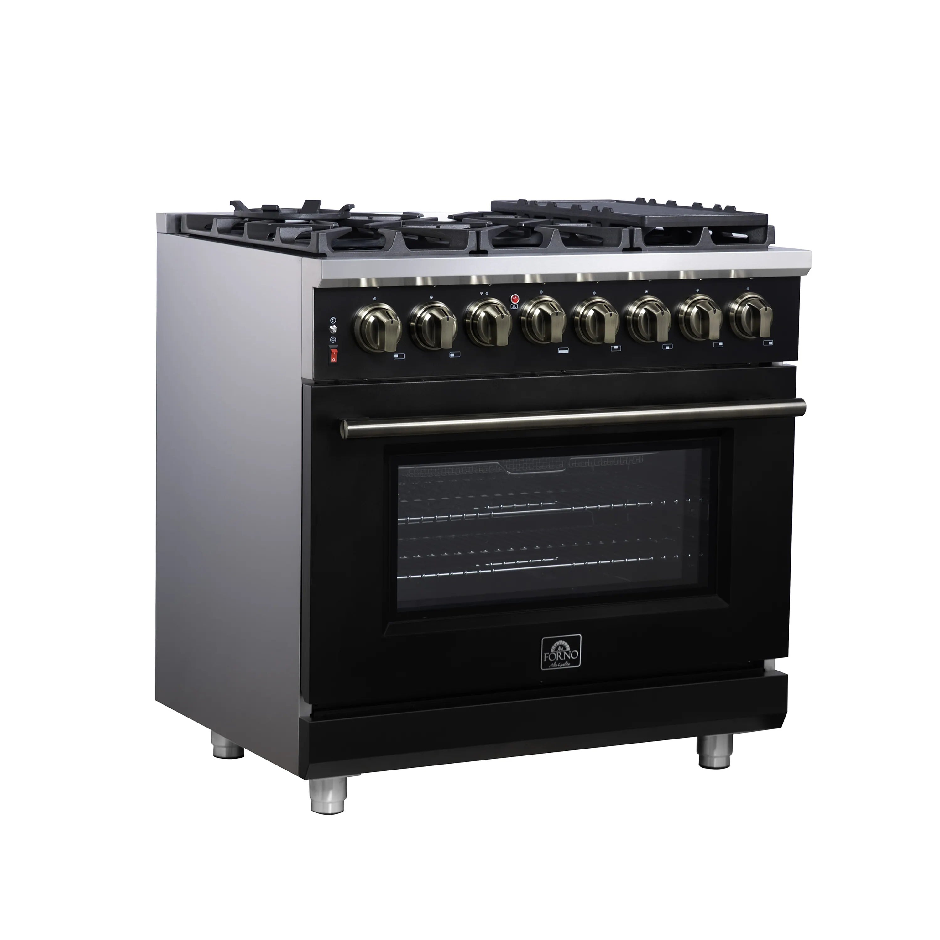 Black freestanding dual fuel range with 6 burners and closed oven