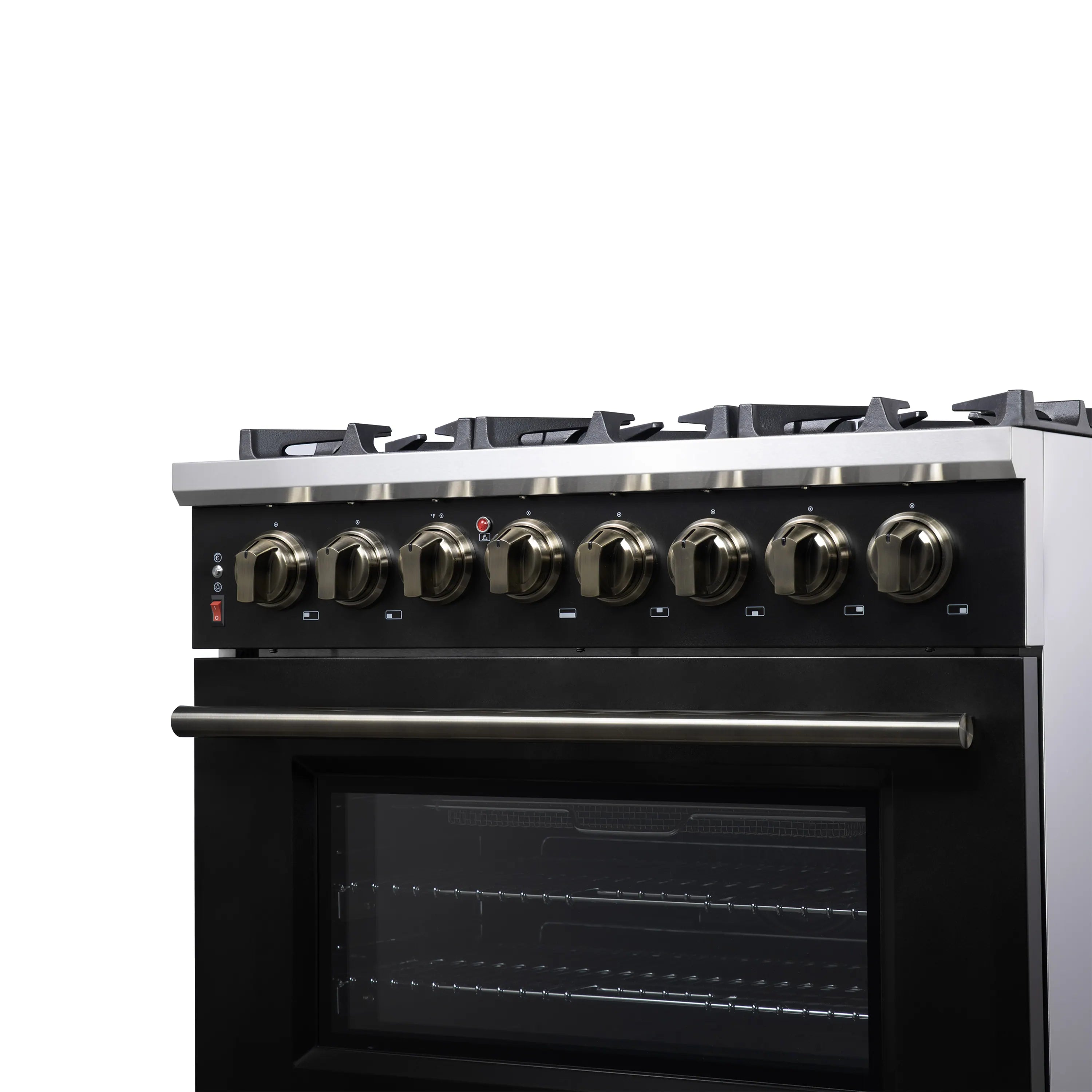 Black freestanding dual fuel range with burner knobs and closed oven window