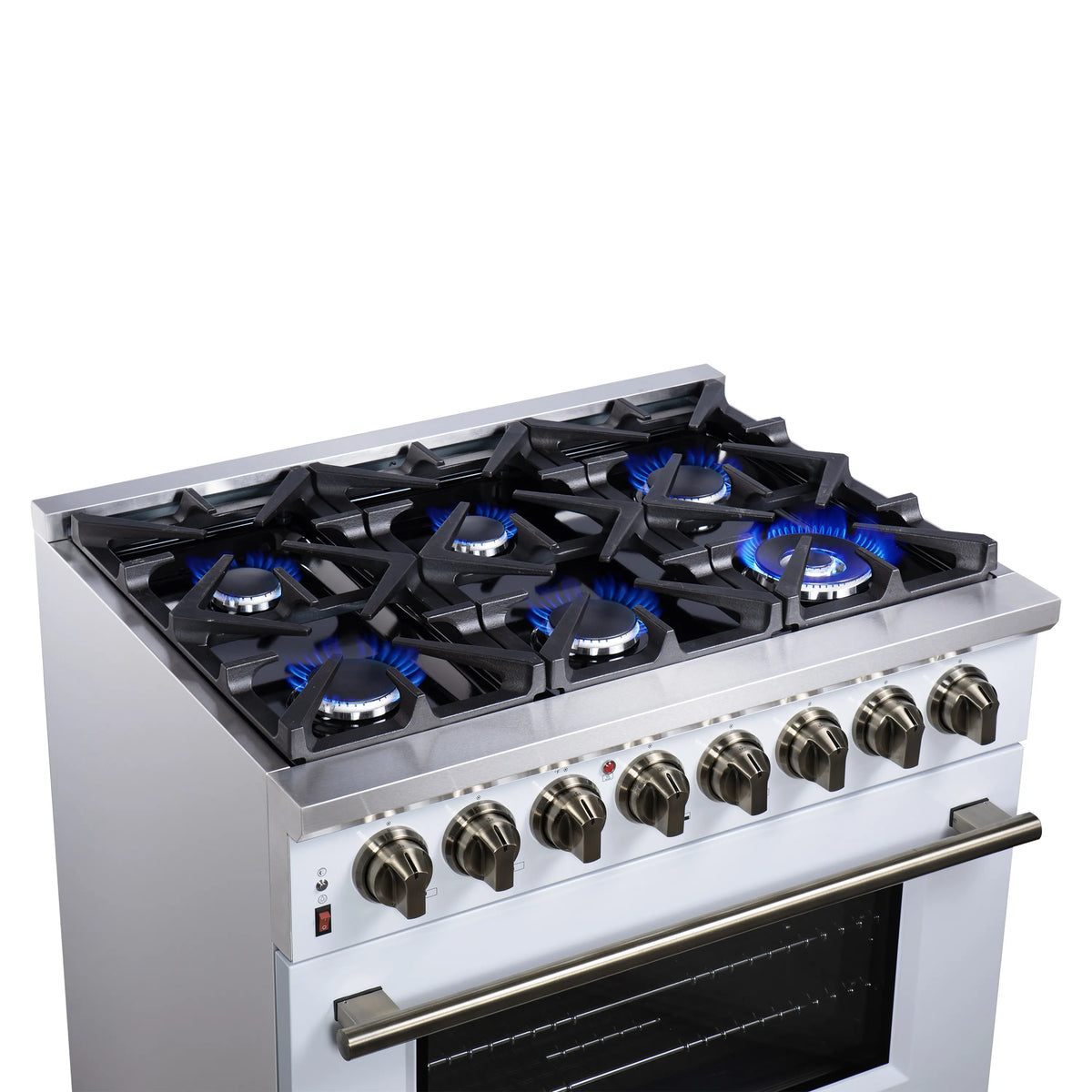 White dual fuel range with blue-lit 6 burners and antique brass oven handle