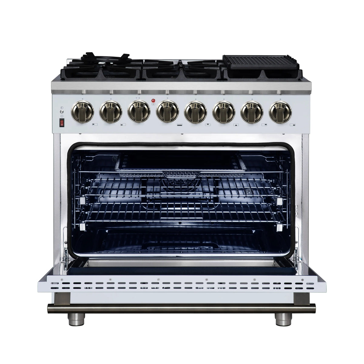 Freestanding dual fuel range with 6 burners and open oven showing wire racks inside