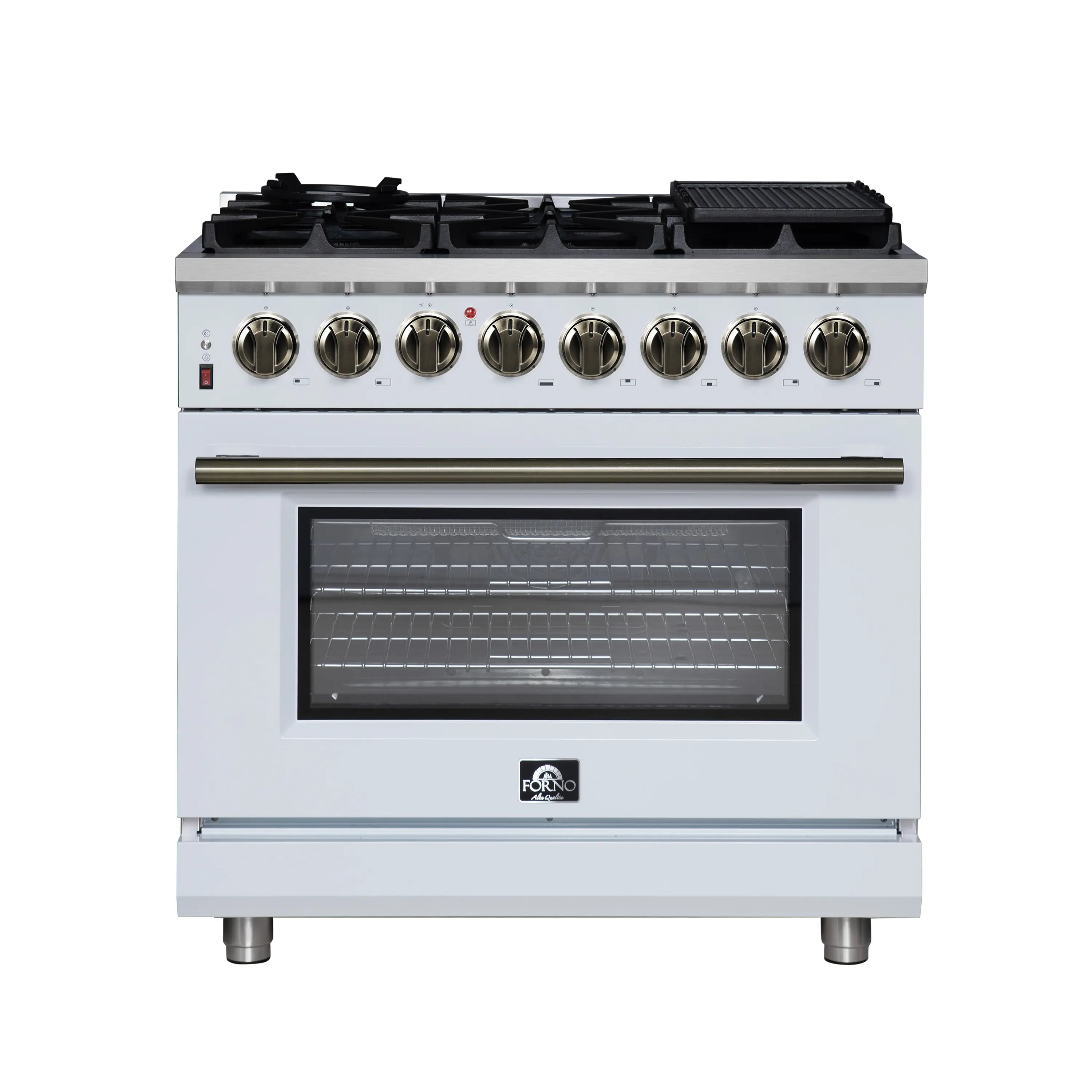 Freestanding dual fuel range with 6 burners, dark oven window, and brass-finish handle
