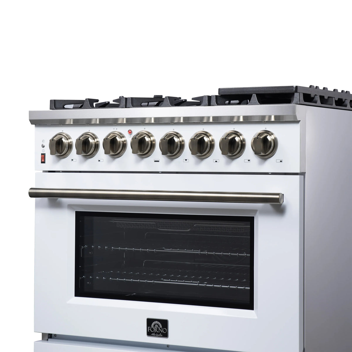White dual fuel range with 6 burners, stainless grates, and open convection oven door