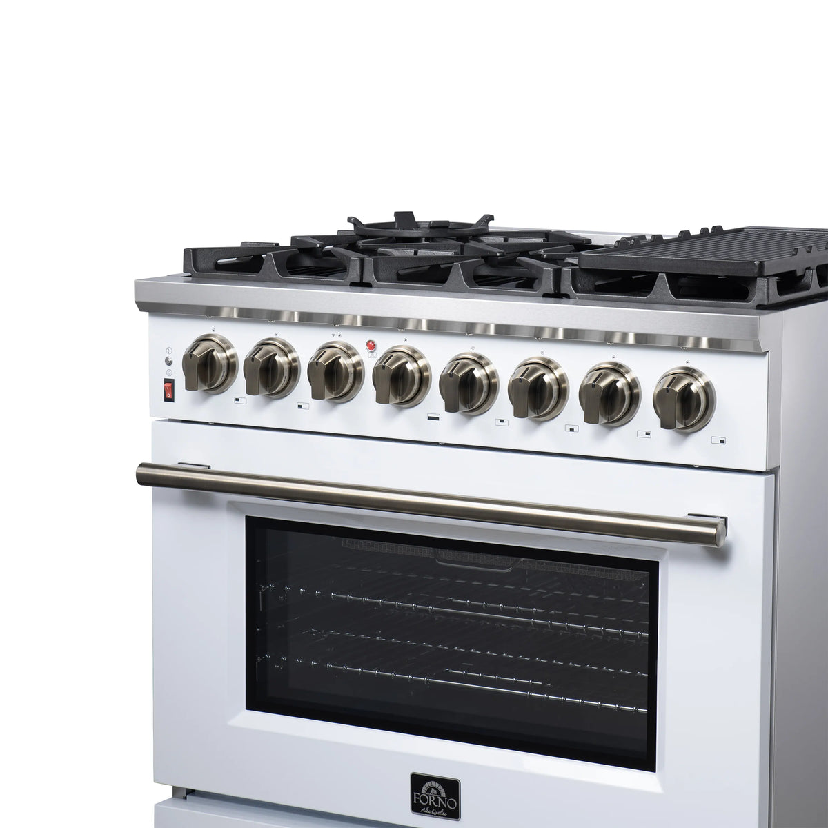 Freestanding dual fuel range with 6 burner knobs and dark oven glass