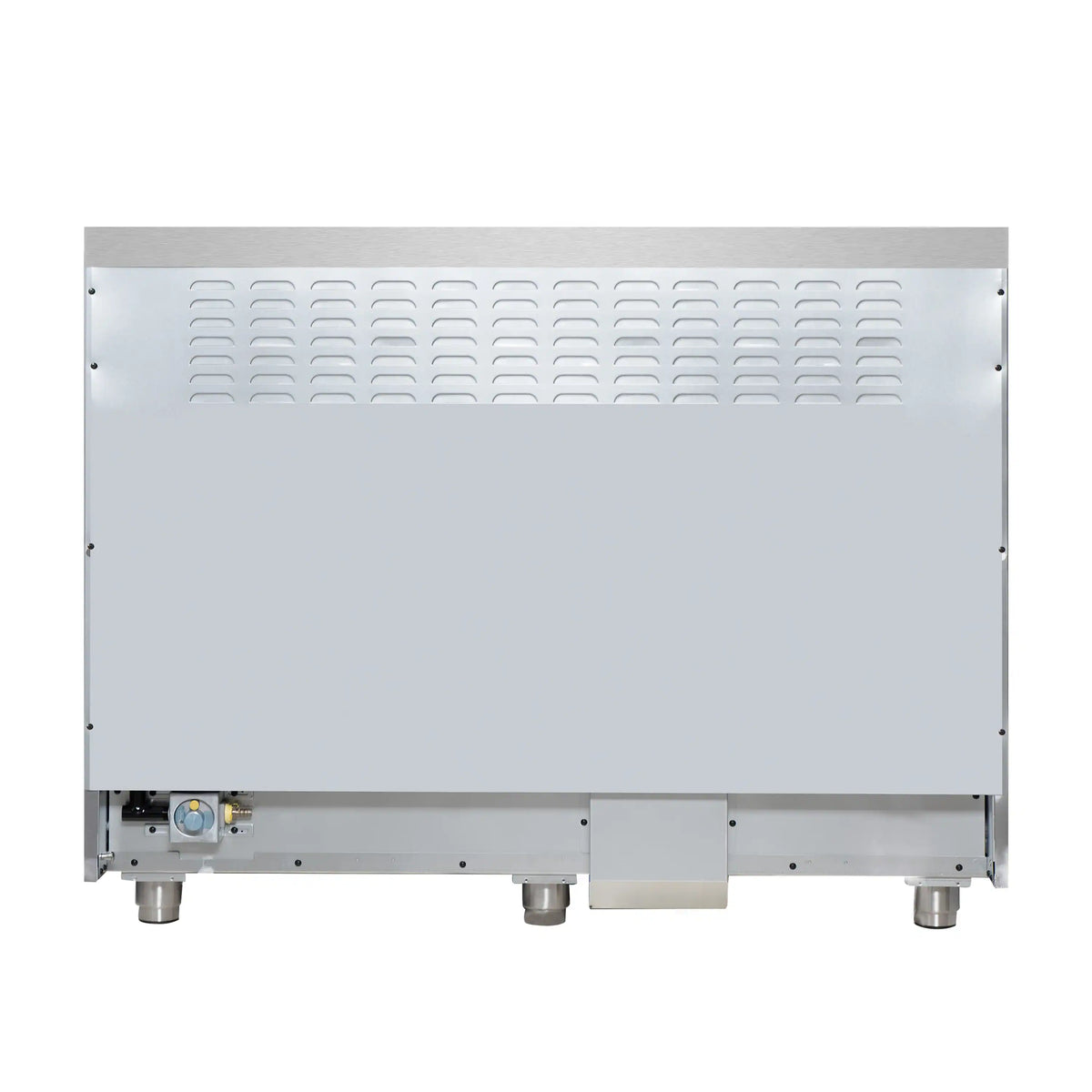 Lower back panel with ventilation grille and leveling feet on freestanding range