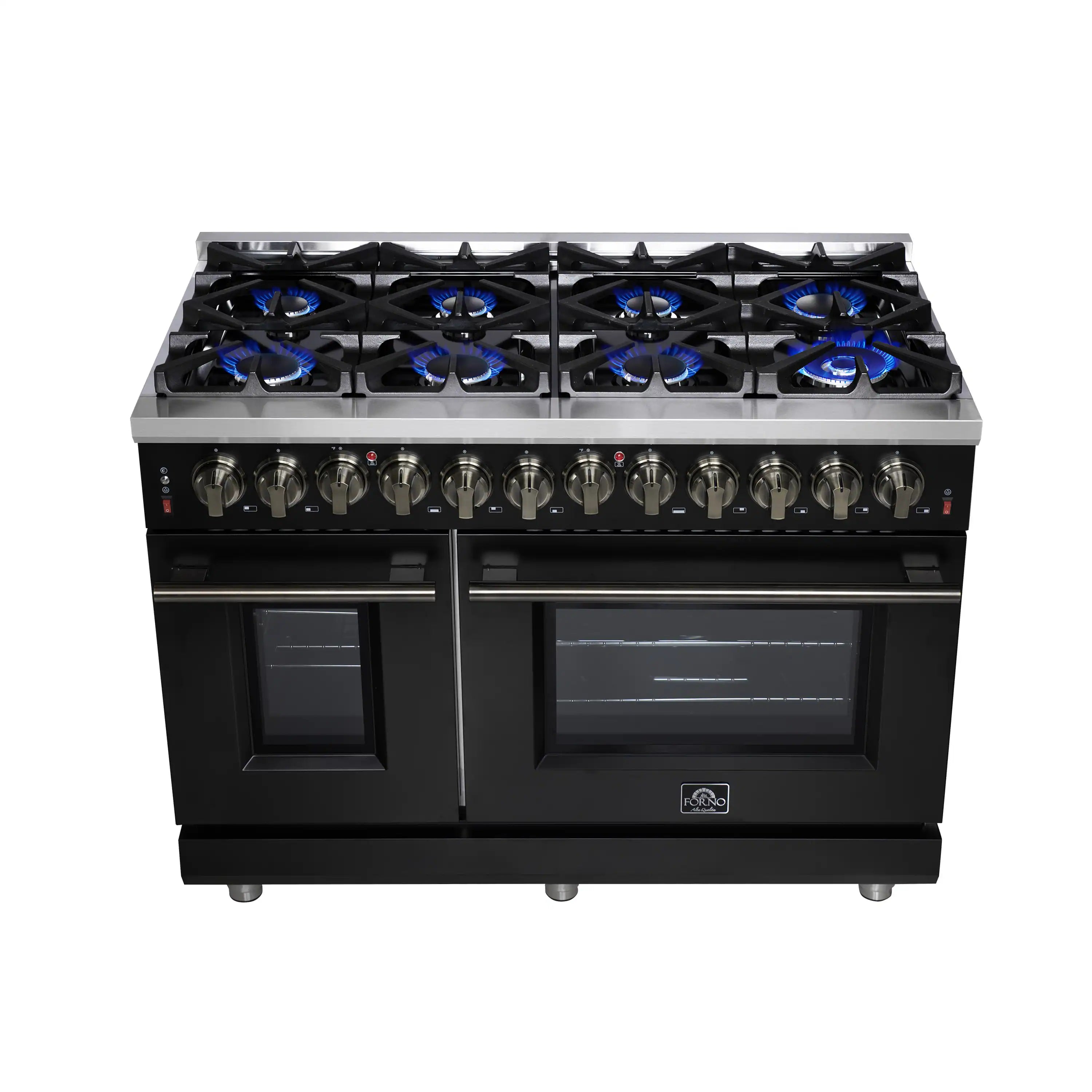 Black dual fuel range with 8 blue-lit burners and two oven doors below