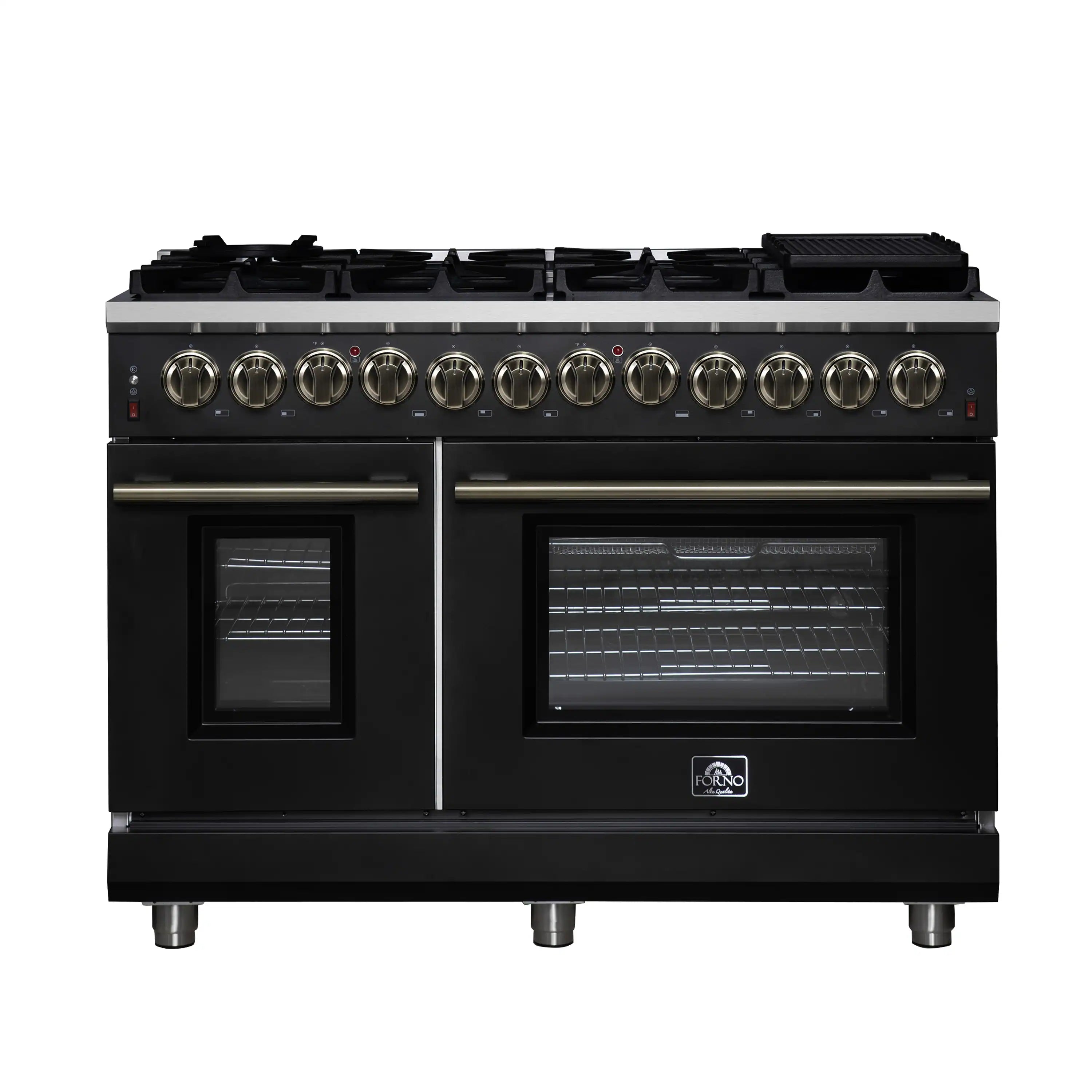 Black freestanding dual fuel range with twin oven doors and brass-toned control knobs