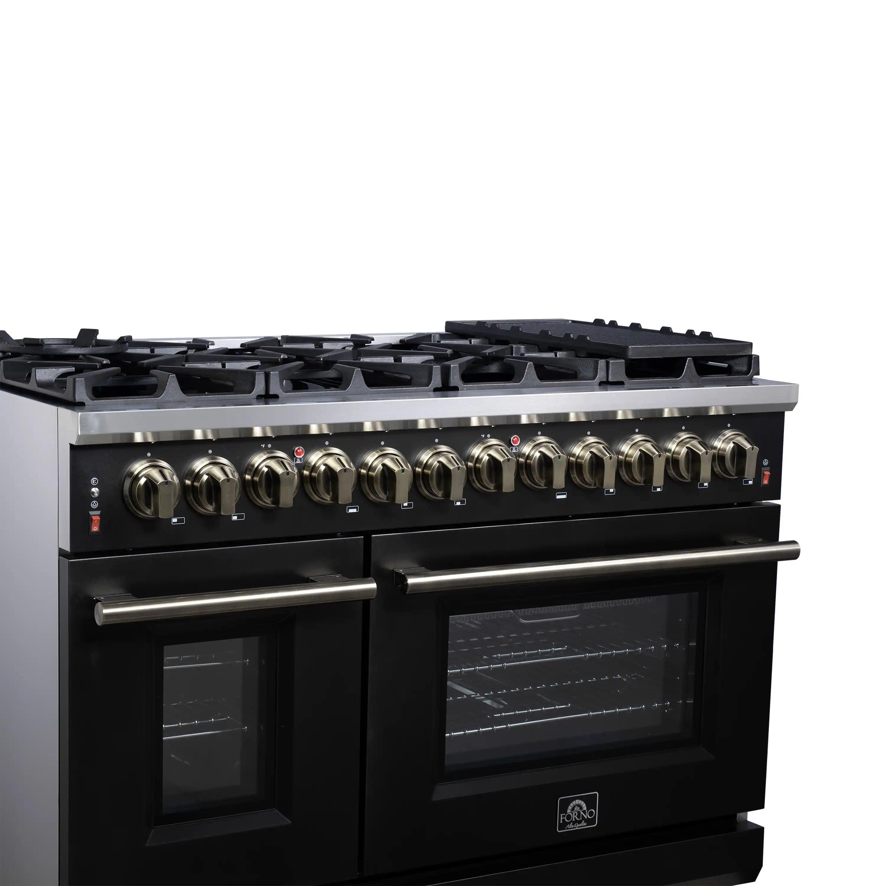 Black freestanding dual fuel range with brass-toned knobs and twin oven doors