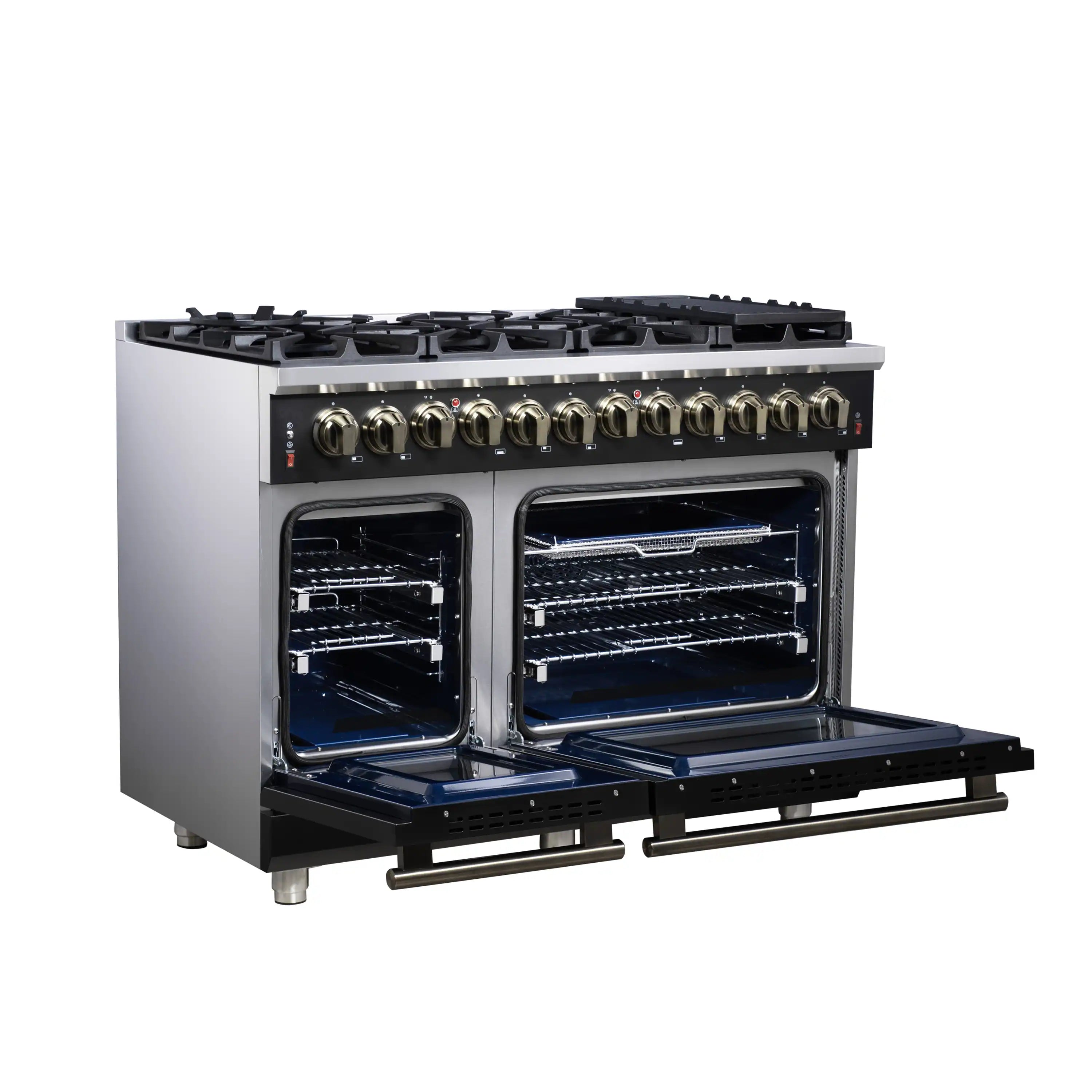 Black dual fuel range with both ovens open, blue interiors, and wire oven racks