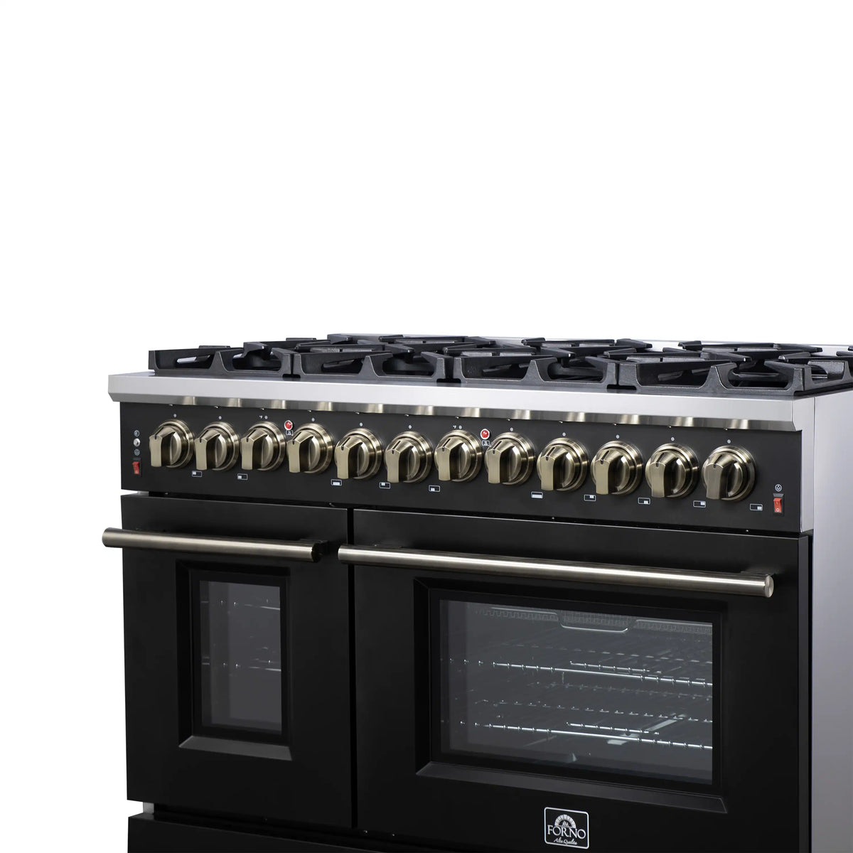 Black range front with 8 burners and twin oven windows and control knobs