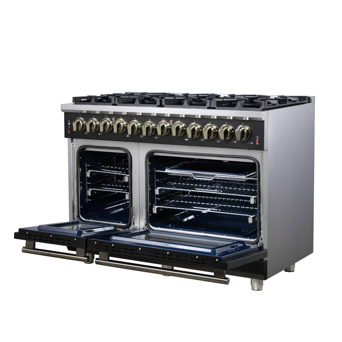 Black dual oven range with both doors open, showing rack shelves inside