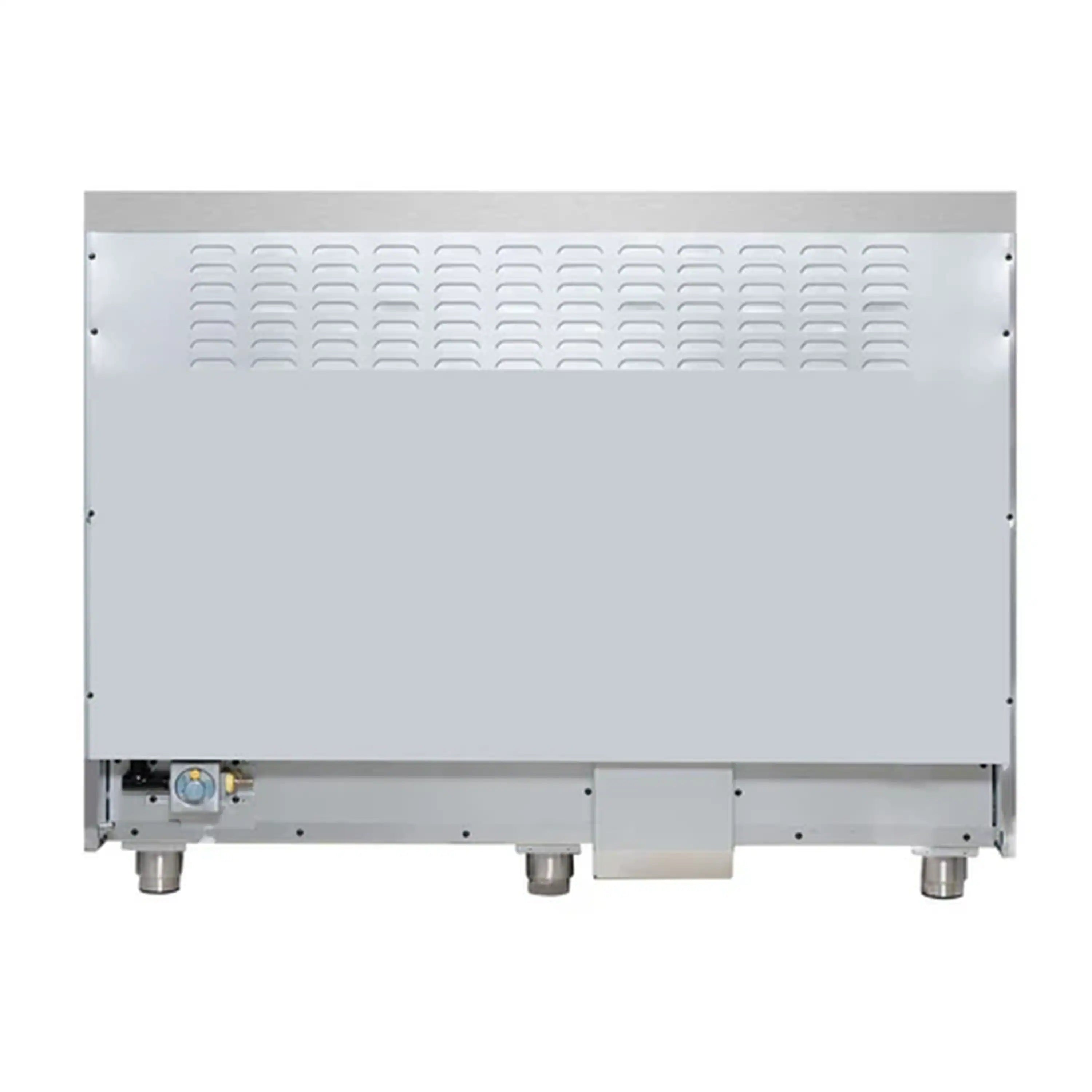 Vented rear panel of freestanding dual fuel range with service connections