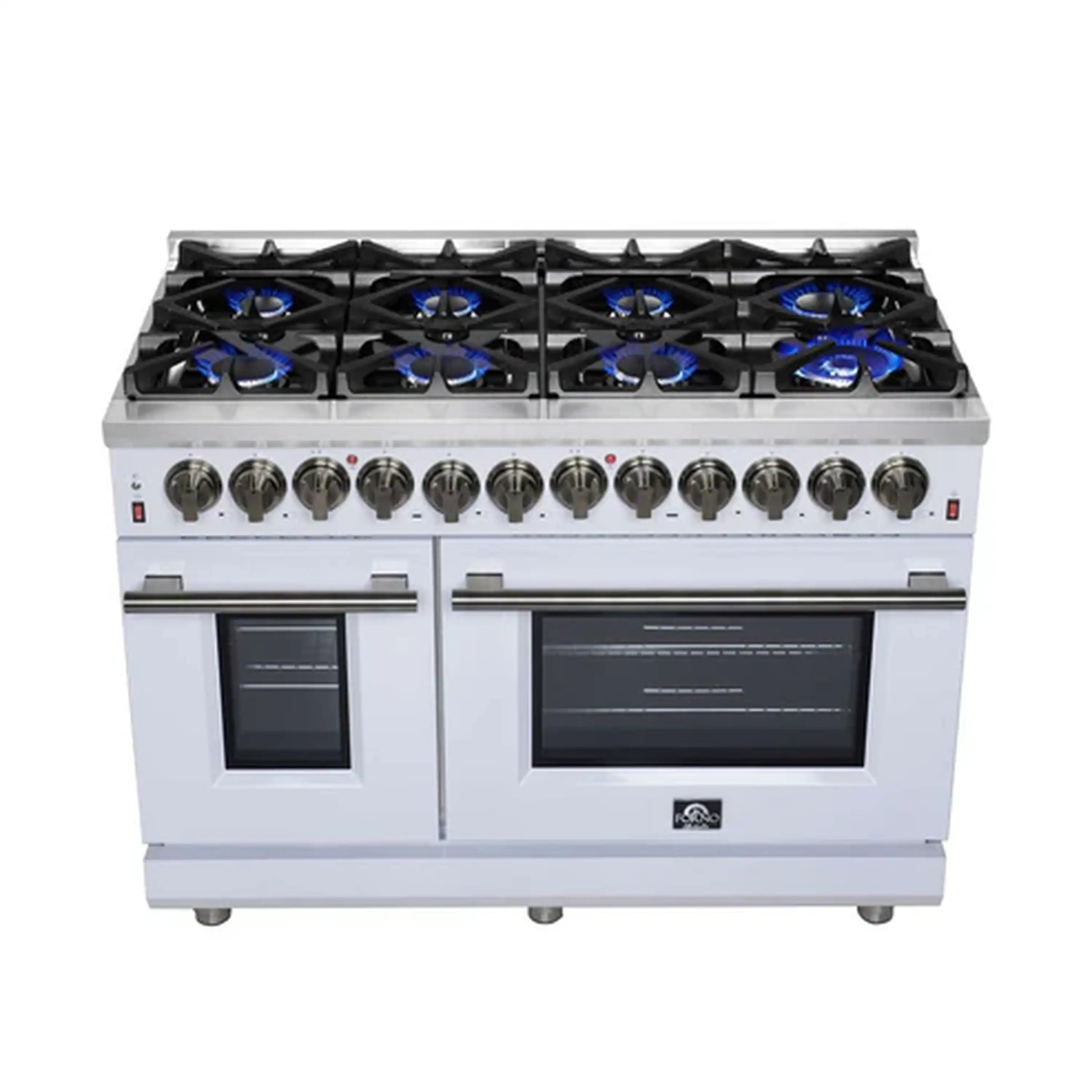 White freestanding dual fuel range with blue-lit burners and antique brass knob control panel
