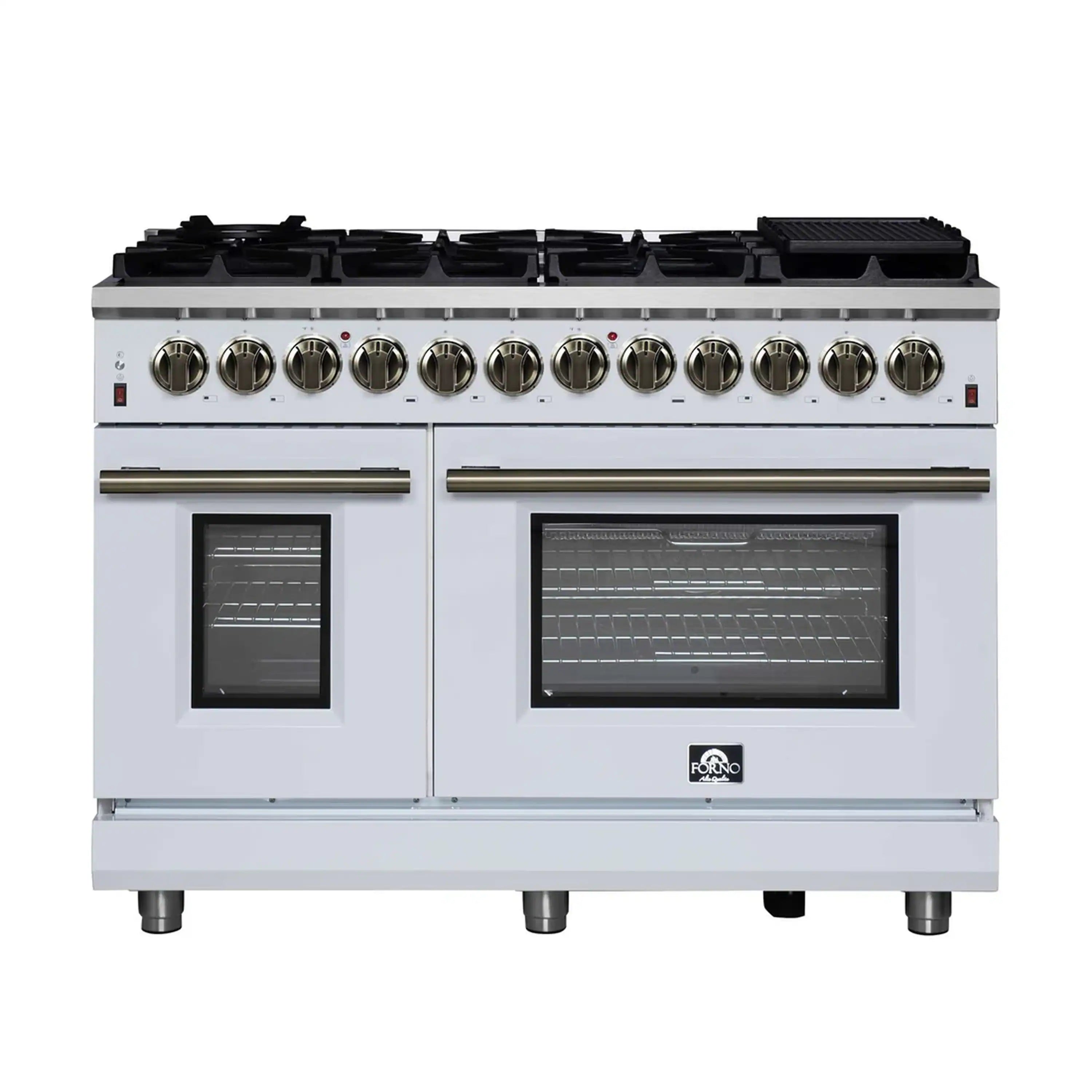 White freestanding dual fuel range with eight burners, antique brass knobs, and two oven windows