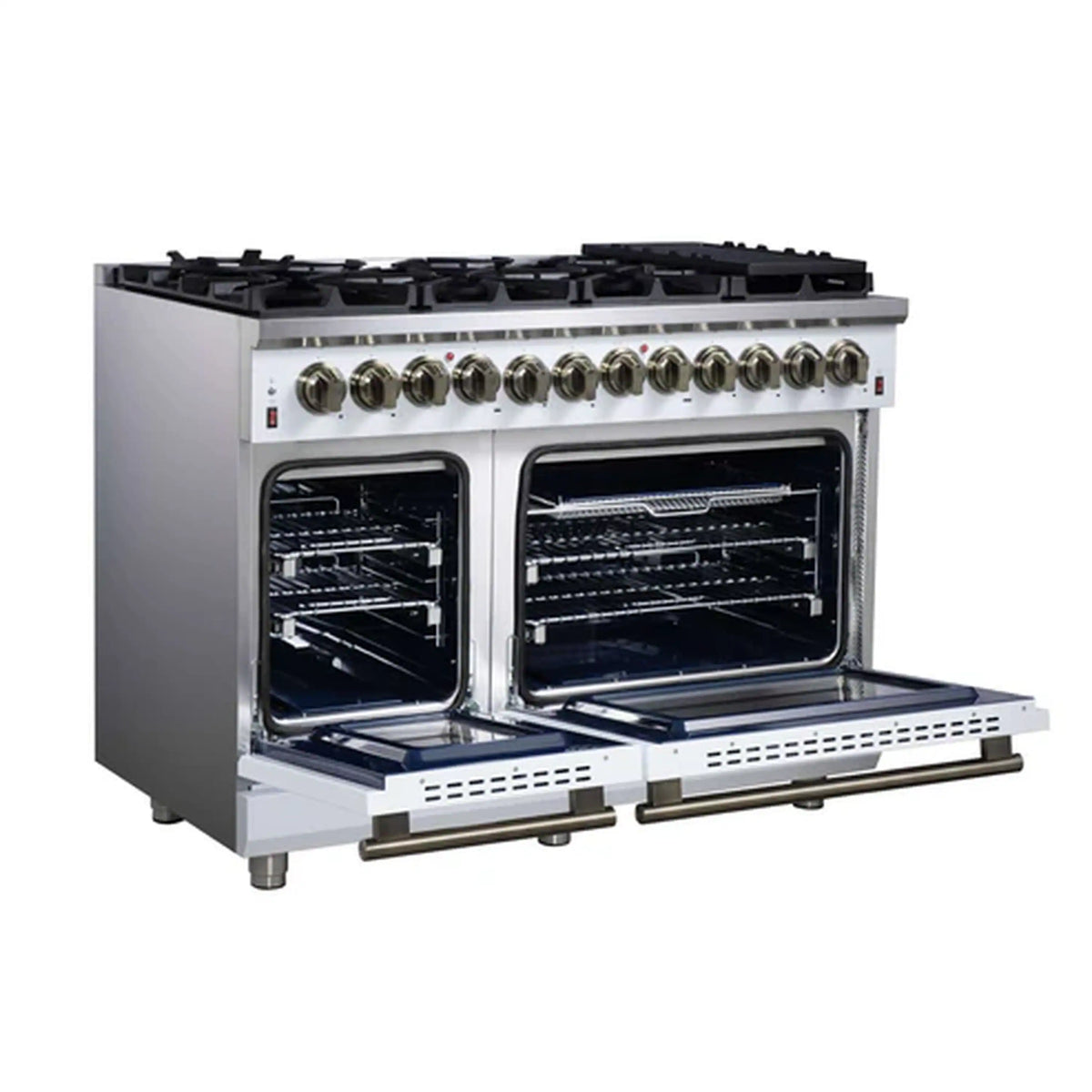 White dual fuel freestanding range with two oven doors open and antique brass lower handle trim