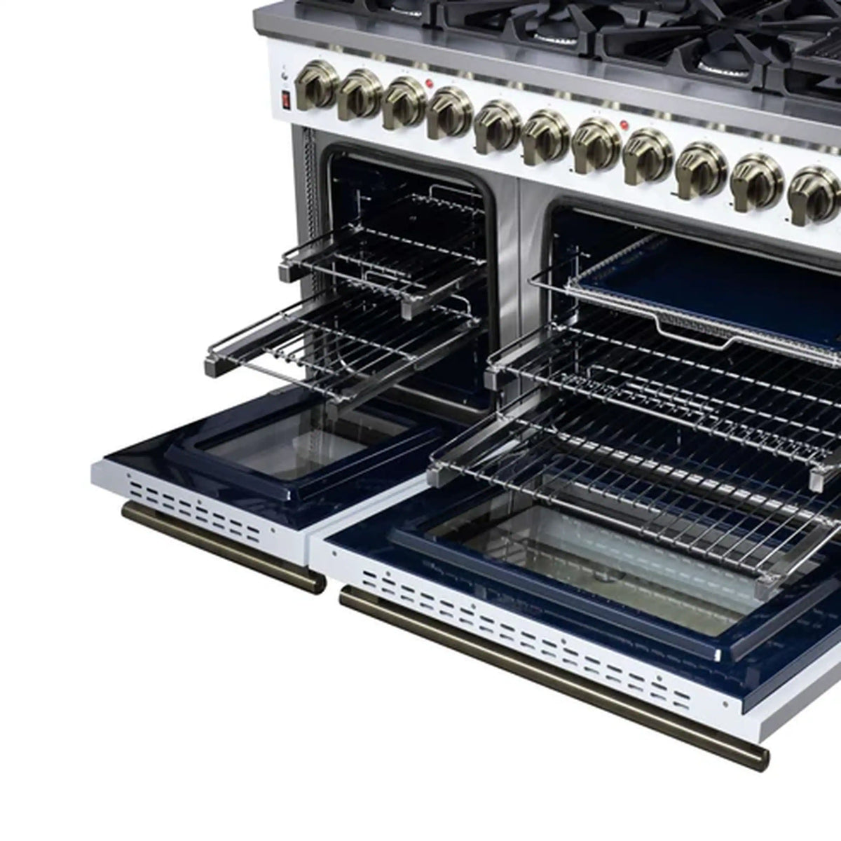White freestanding dual fuel range with both ovens open showing wire racks and black interiors
