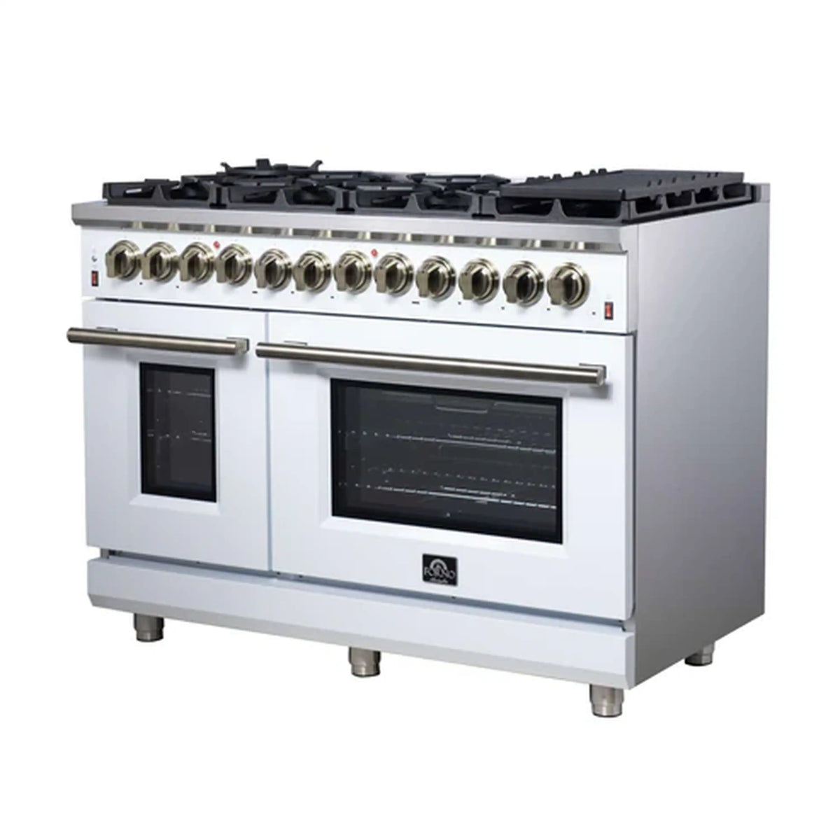 White freestanding dual fuel range with antique brass trim, dual ovens, and burner knobs