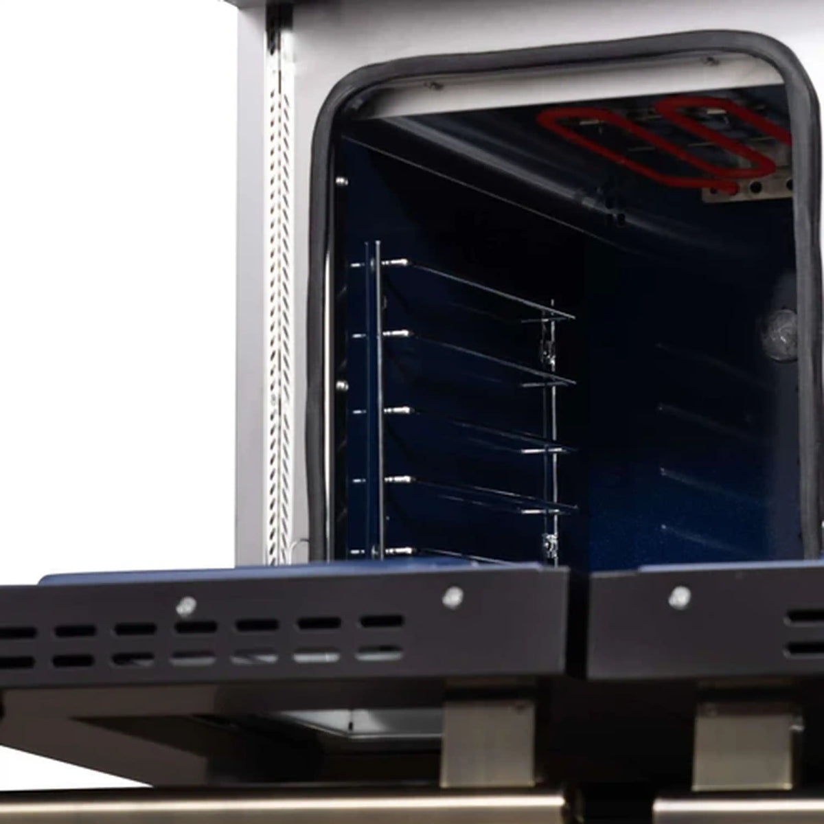 Open convection oven showing interior racks and side heating elements