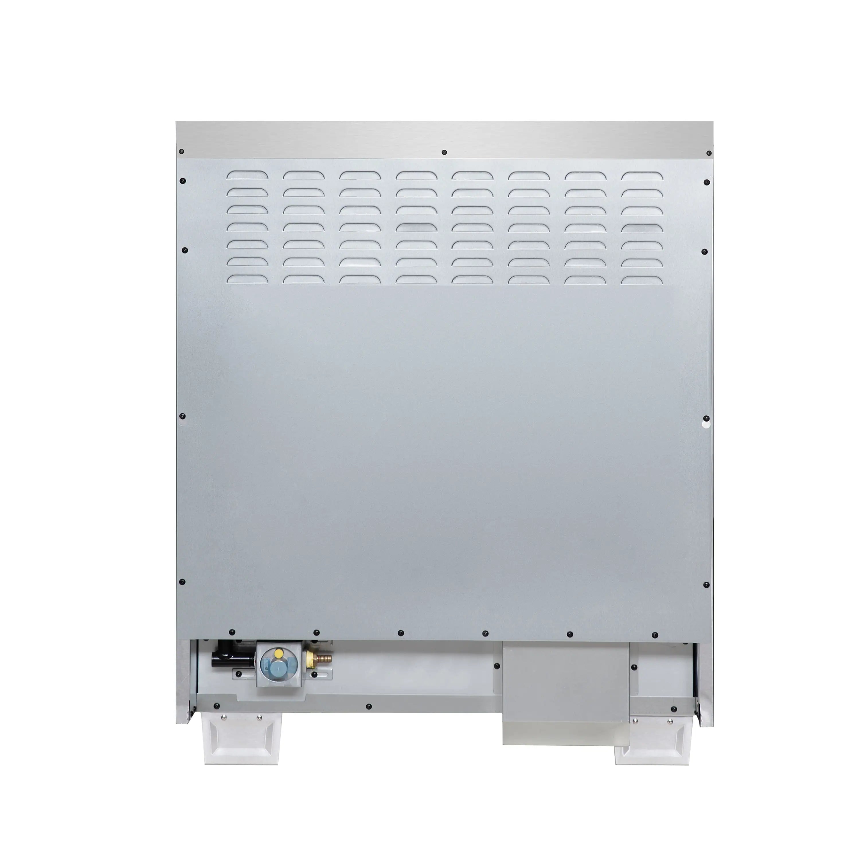 Range rear ventilation panel with safety access knob and mounting feet