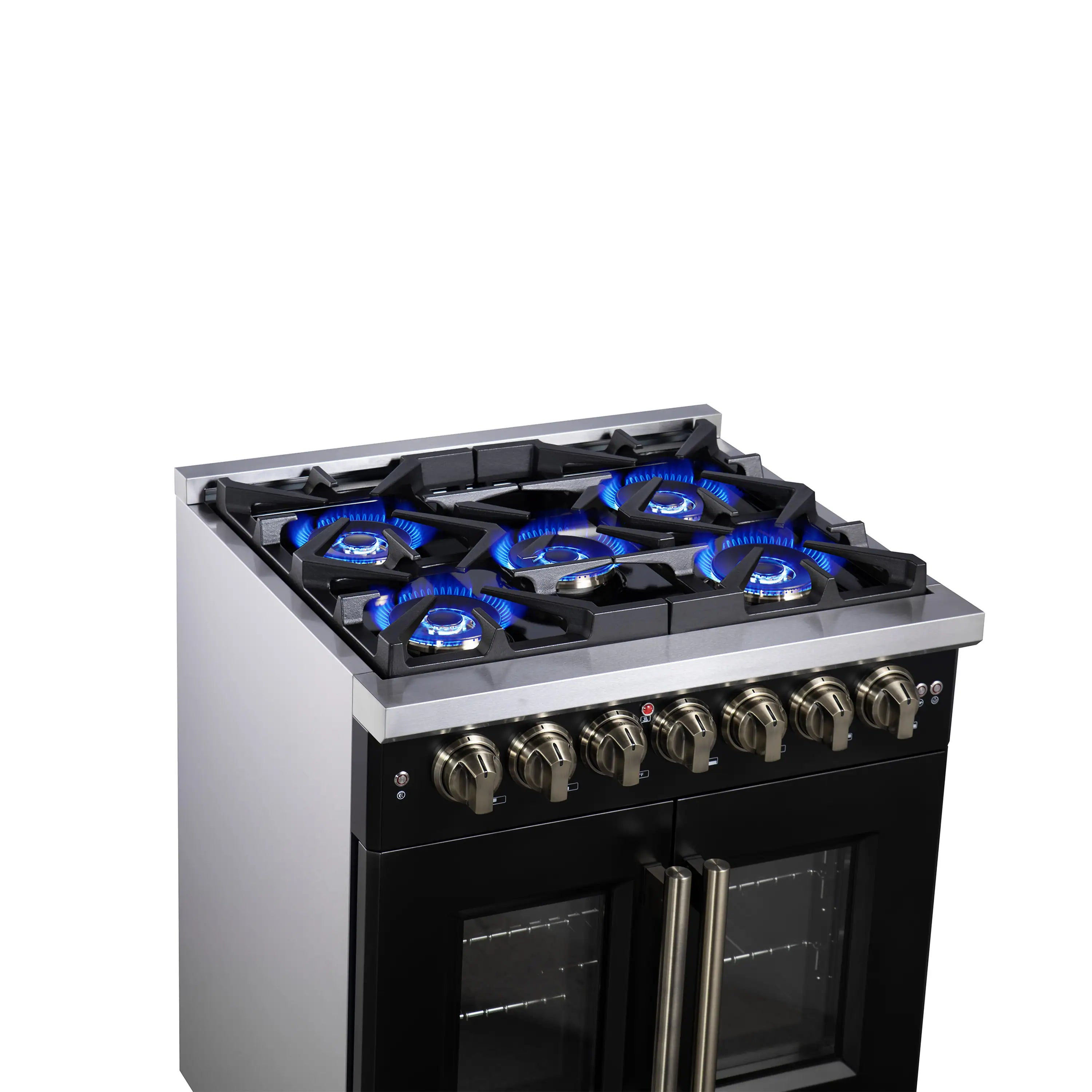 Black gas cooktop with 6 blue-flame burners and stainless front control knobs