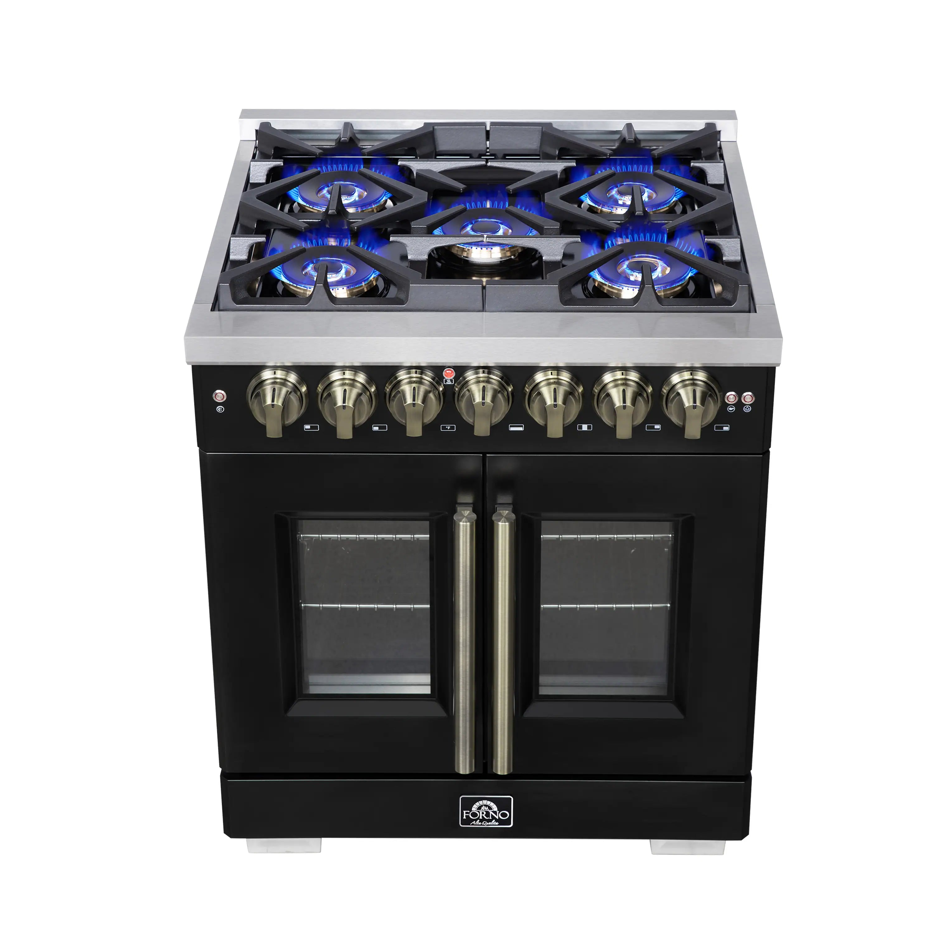 Black dual-fuel range with 6 blue-lit burners, French doors, and brass center handle
