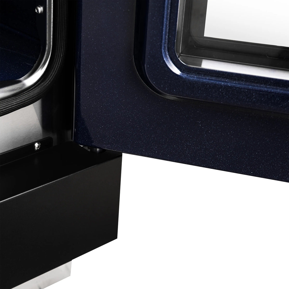 Black range side panel with large oven door frame and control area