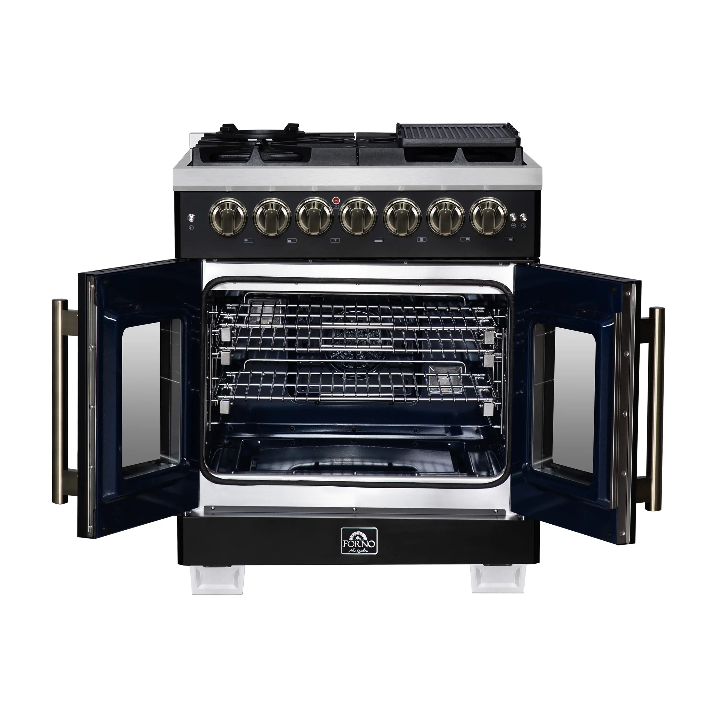 Dual fuel range oven with both side doors open, showing racks and interior cavity
