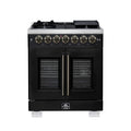 Forno Capriasca 30-Inch Freestanding French Door Dual Fuel Range in Black with Antique Brass Trim (FFSGS6387-30BLK)