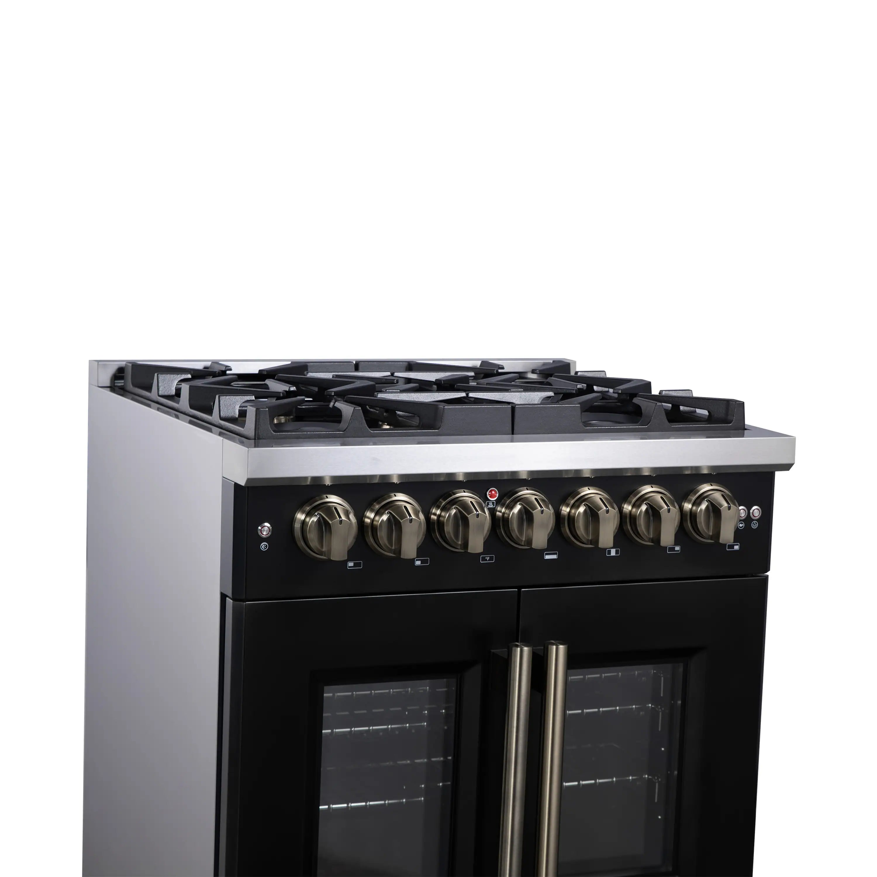 Black freestanding dual fuel range with brass knobs, glass French doors, and cooktop burners