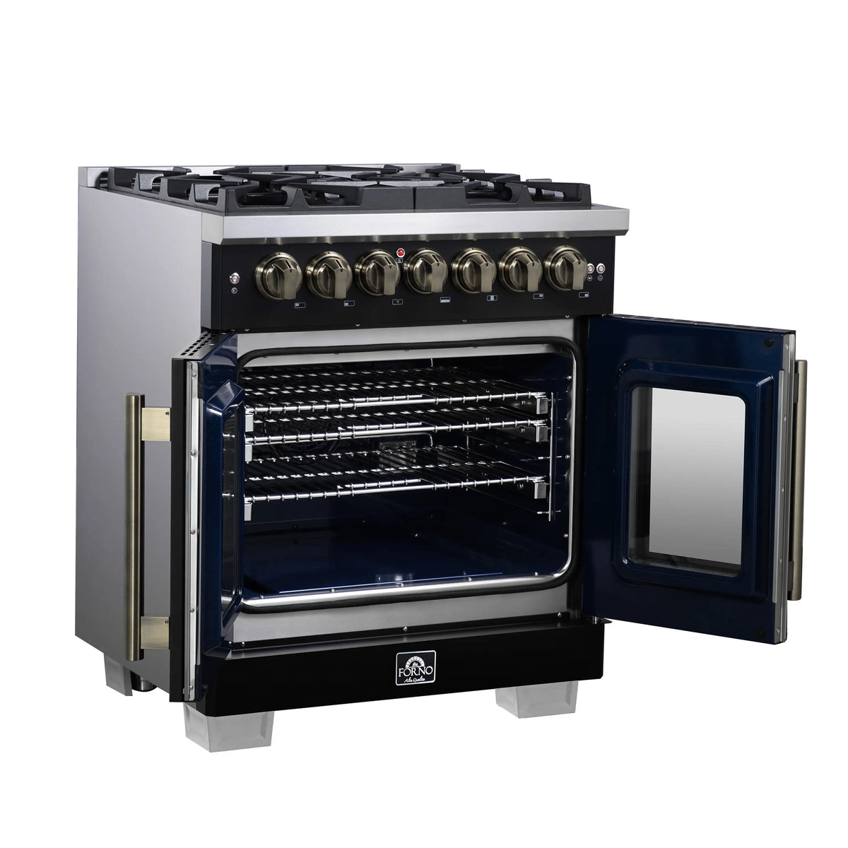 Dual fuel range with oven door open, blue interior, and front burner control panel