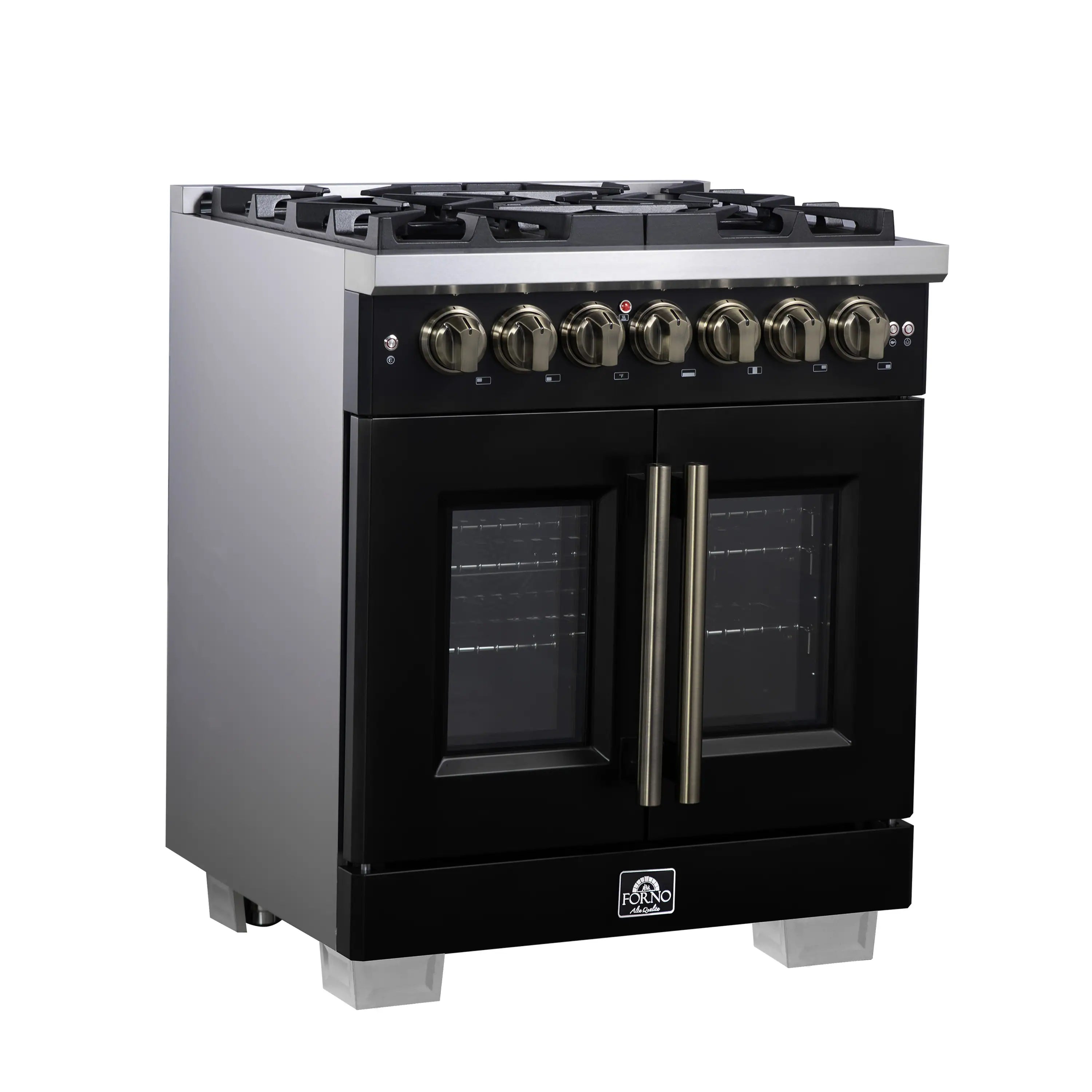 Black freestanding dual fuel range with French doors, antique brass handles, and control knobs
