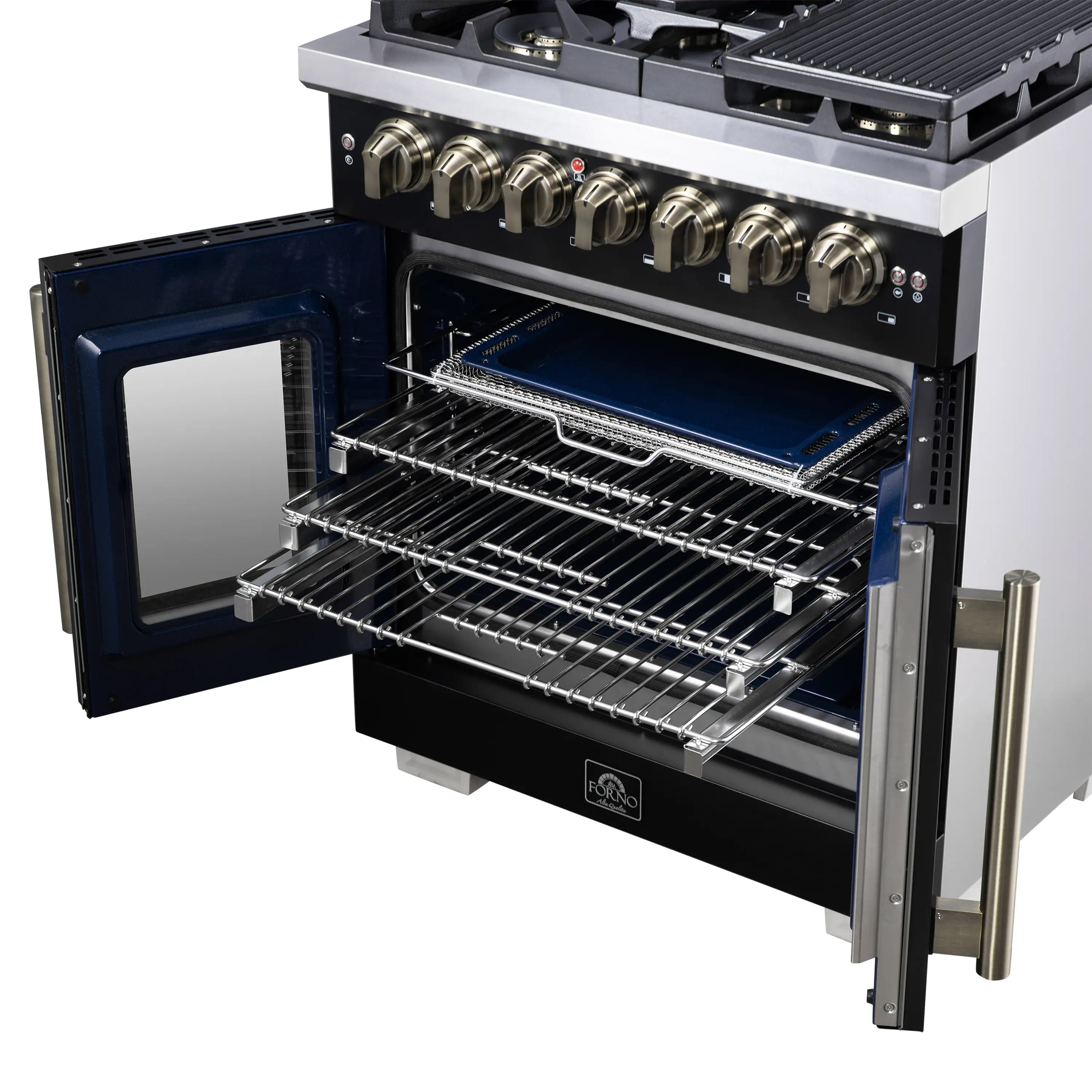 Freestanding dual fuel range with oven door open, blue interior, and metal oven racks