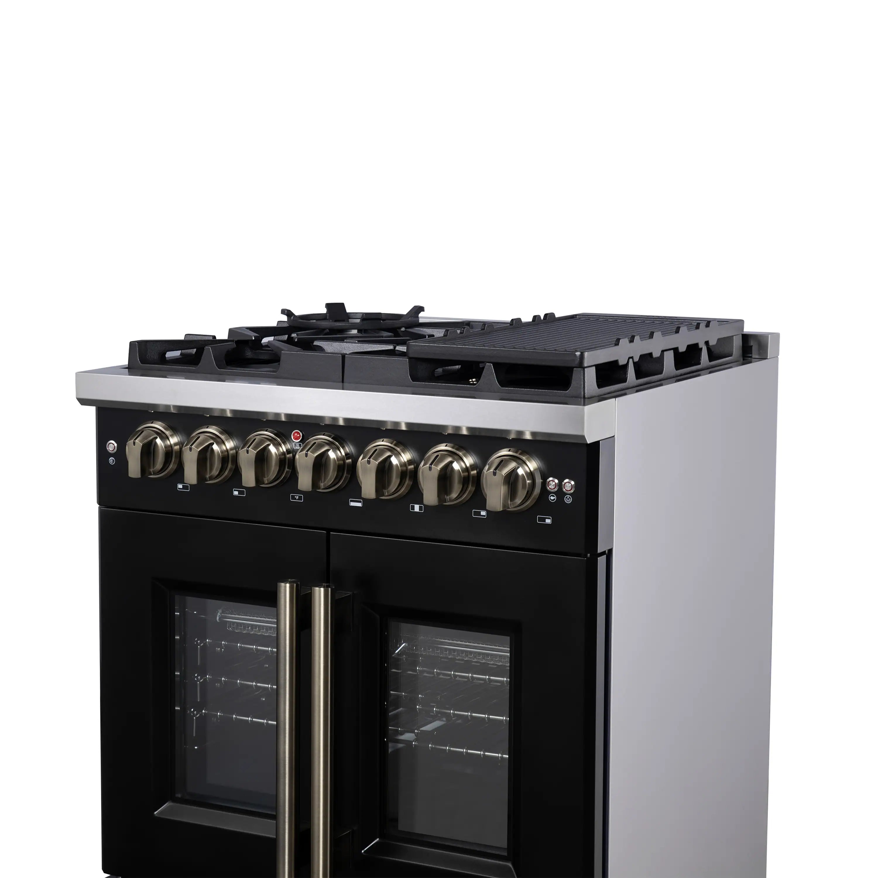 Black freestanding dual fuel range with French door glass and antique brass control knobs