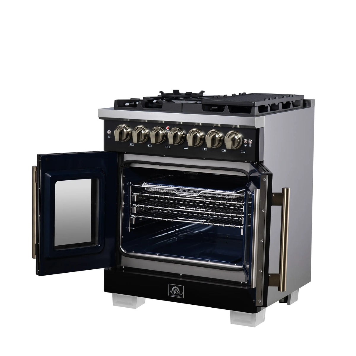 Black dual-fuel range with open oven door showing racks and interior light