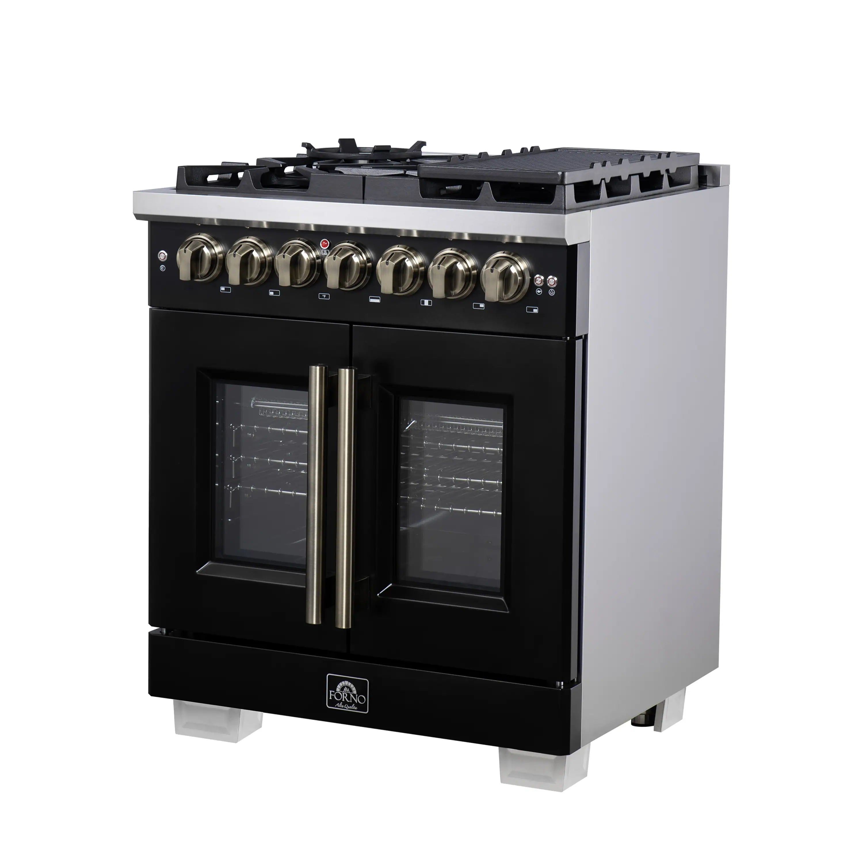 Black freestanding dual fuel range with French door glass, brass knobs, and front panel