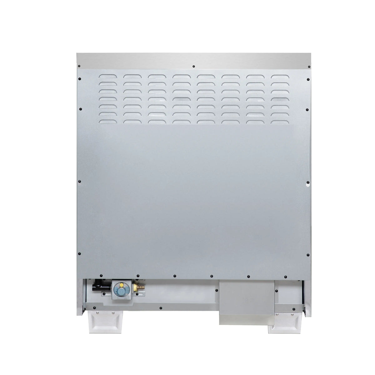 White dual fuel range rear service panel with vented grid and lower connection area