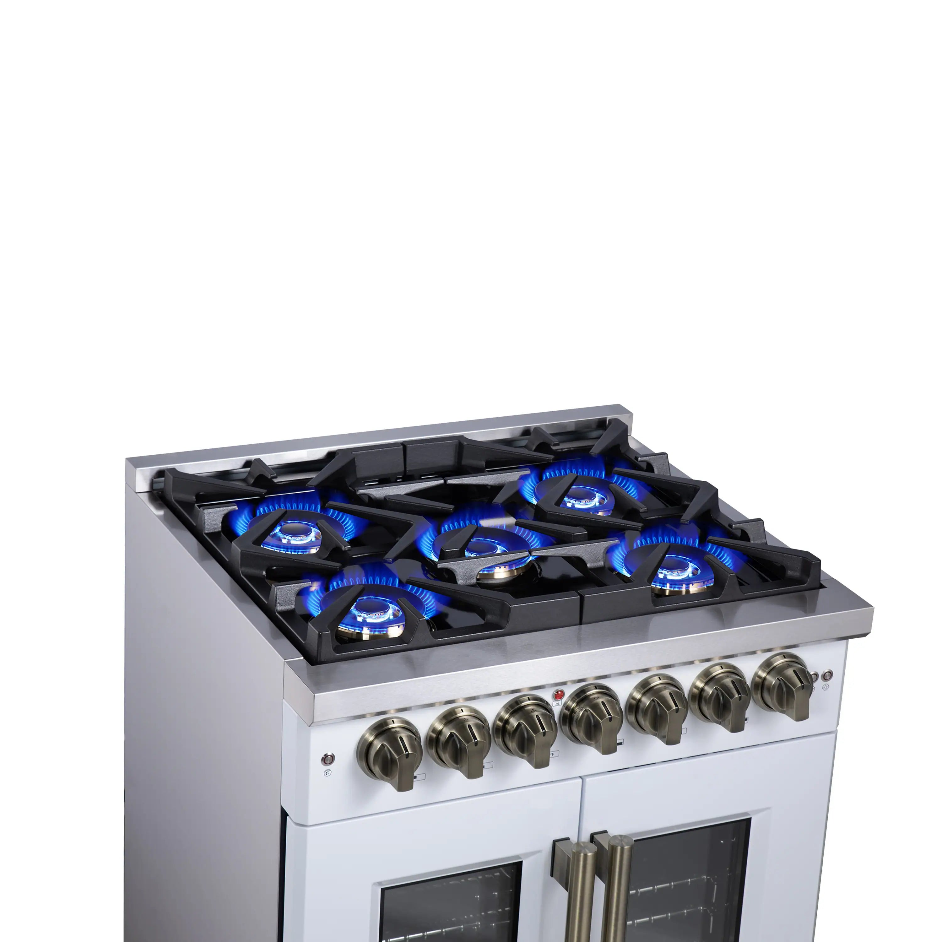 White freestanding dual fuel range top with six burners and blue flame illumination