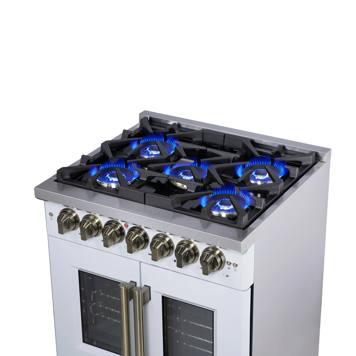 White dual fuel range cooktop with six grates and blue gas burner flames