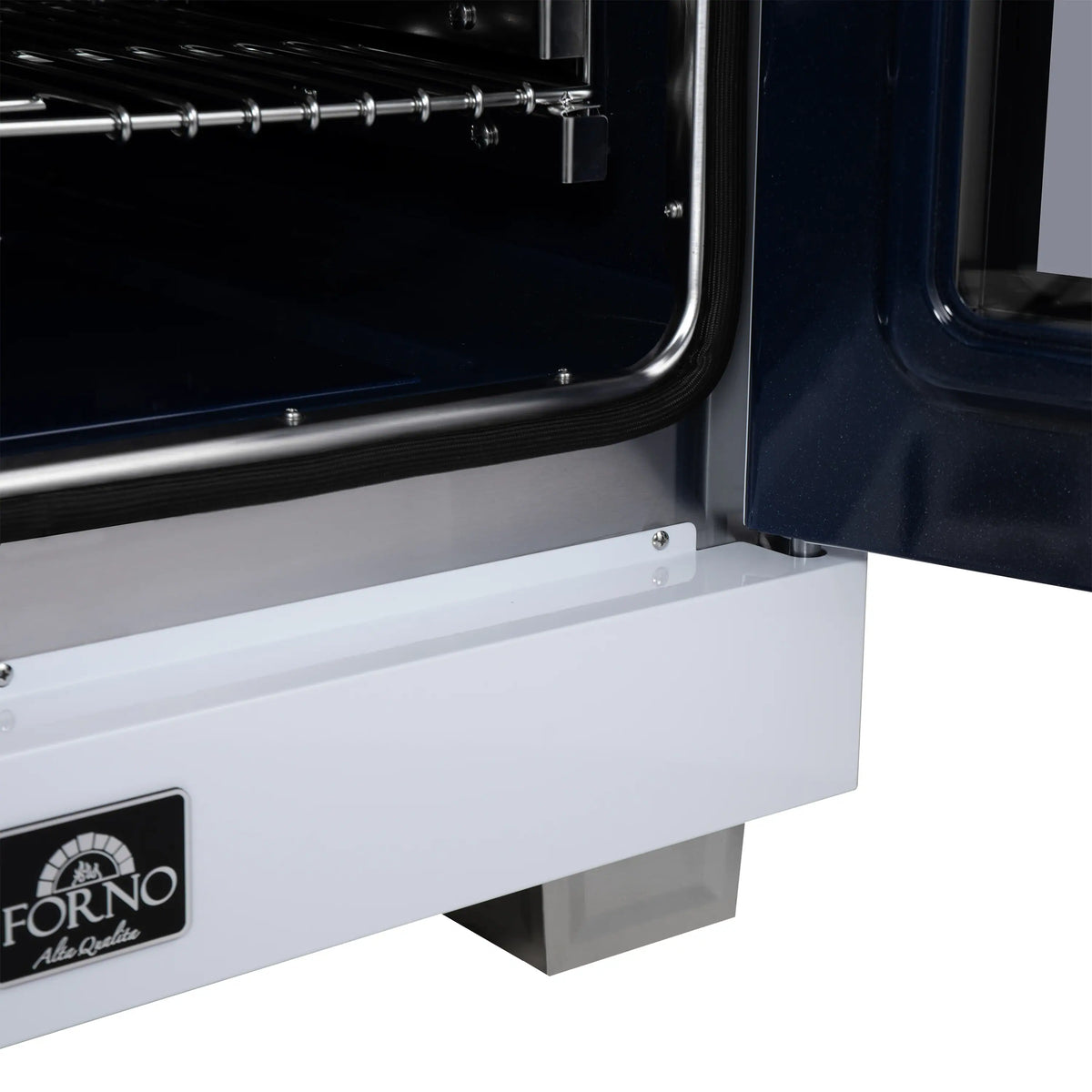 White dual fuel range side panel with metal piping and connections near the bottom