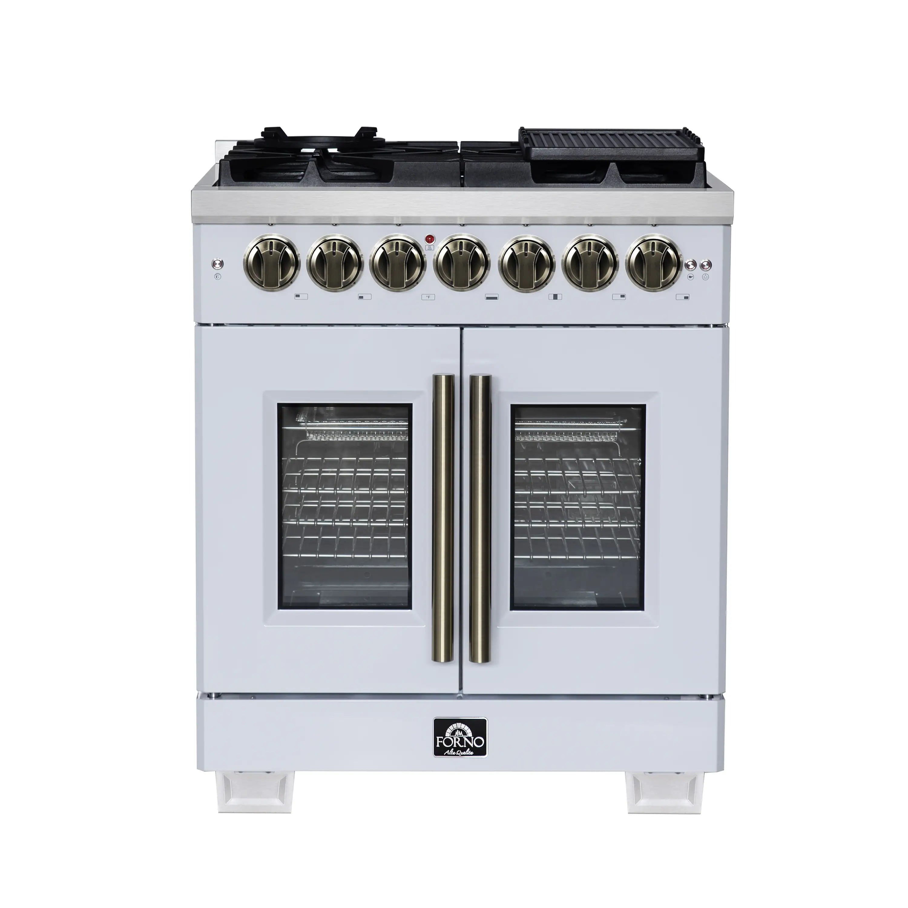 White freestanding dual fuel range with French doors and antique brass handles, 30-inch