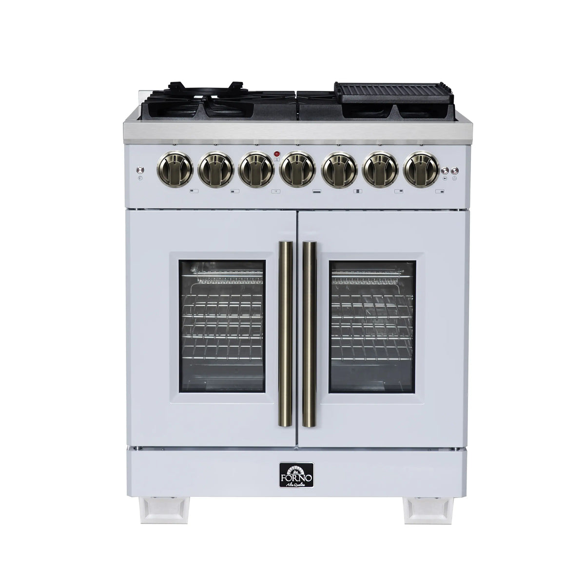 Forno Capriasca 30-Inch Freestanding French Door Dual Fuel Range in White with Antique Brass Trim (FFSGS6387-30WHT)