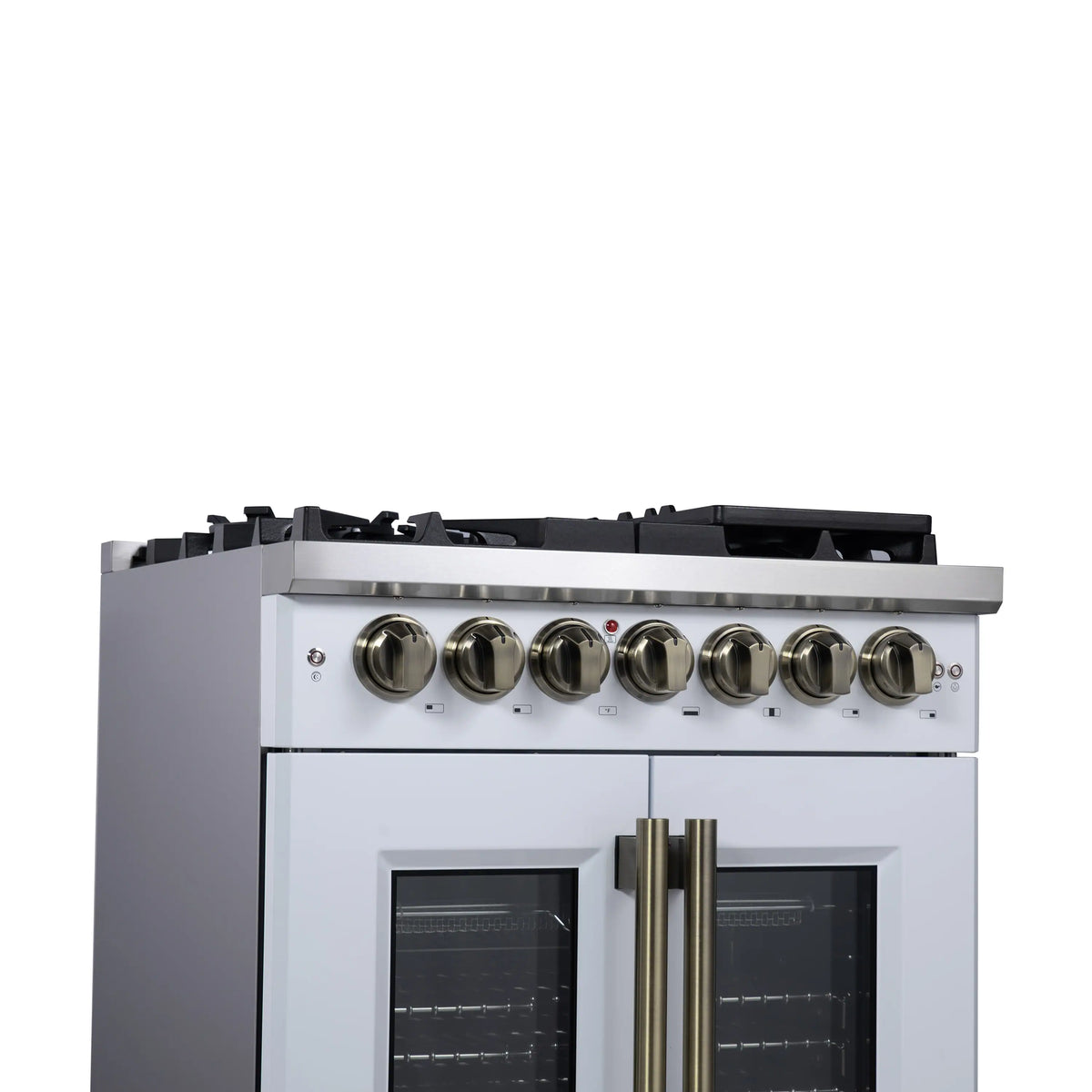 White dual fuel range front with brass vertical handle and six silver burner knobs.