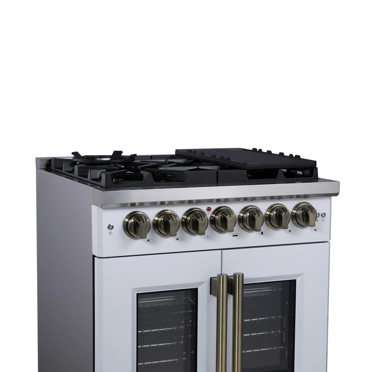 White dual fuel range with black cooktop grates and six silver burner knobs.
