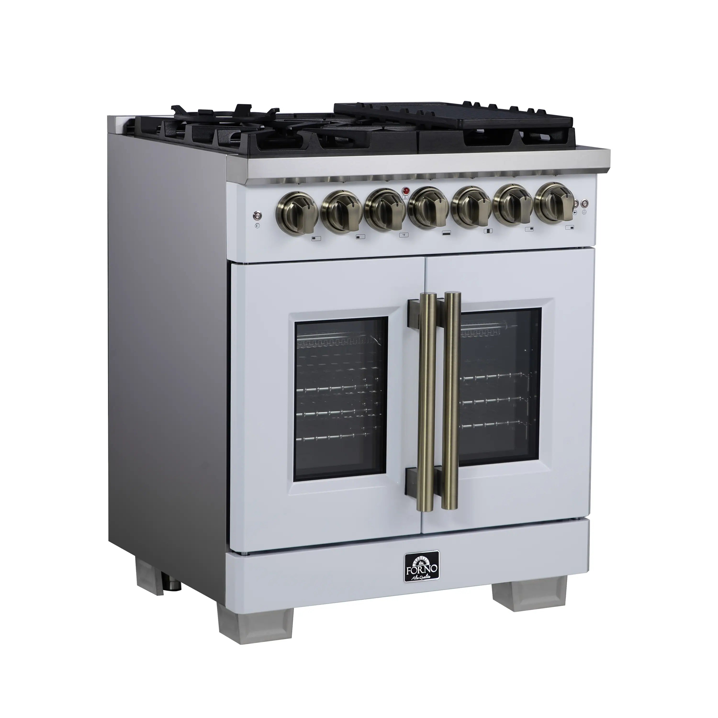 White dual fuel range with two oven doors, brass handle, and black cooktop surface.