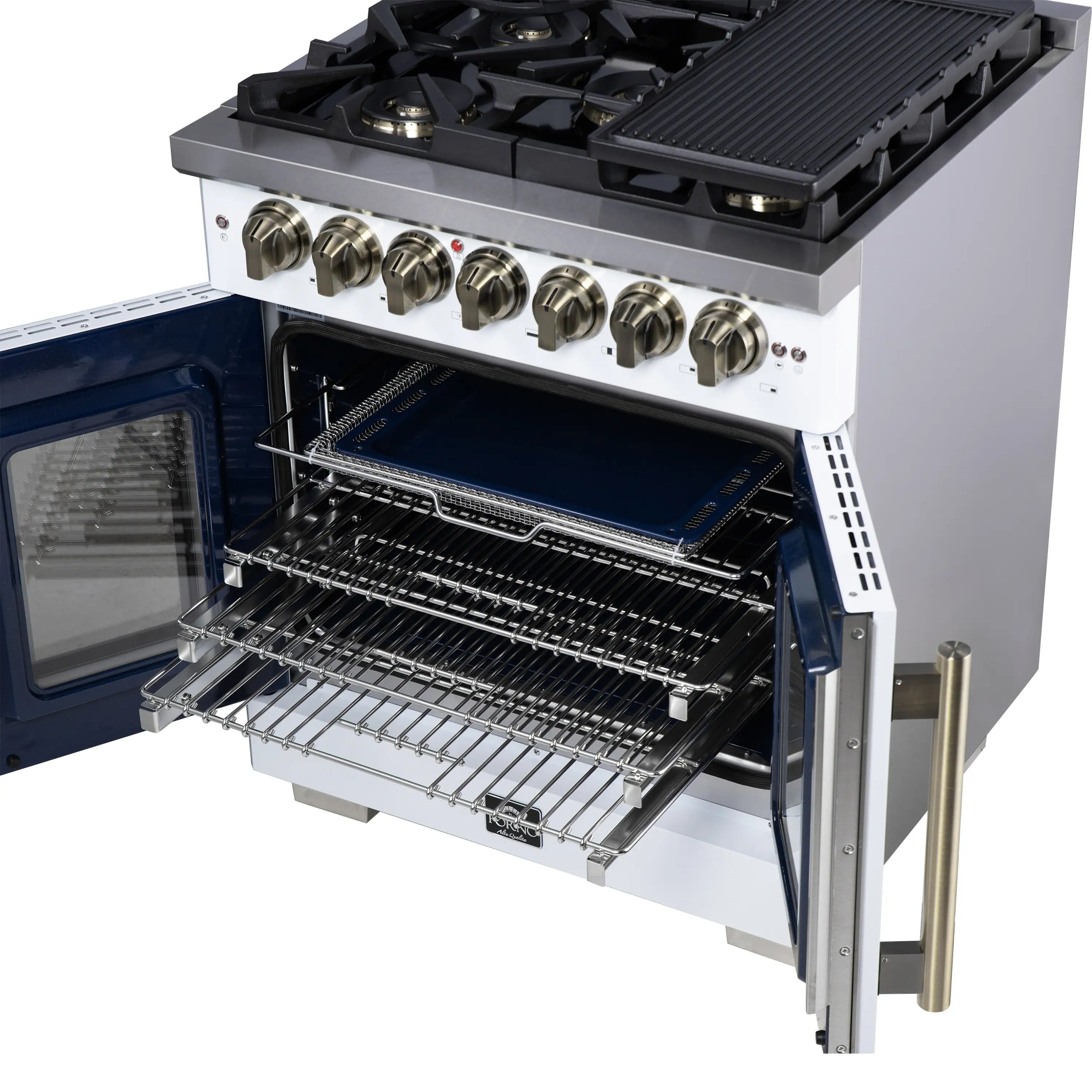 White dual fuel range with open oven door and wire rack inside, brass handle.