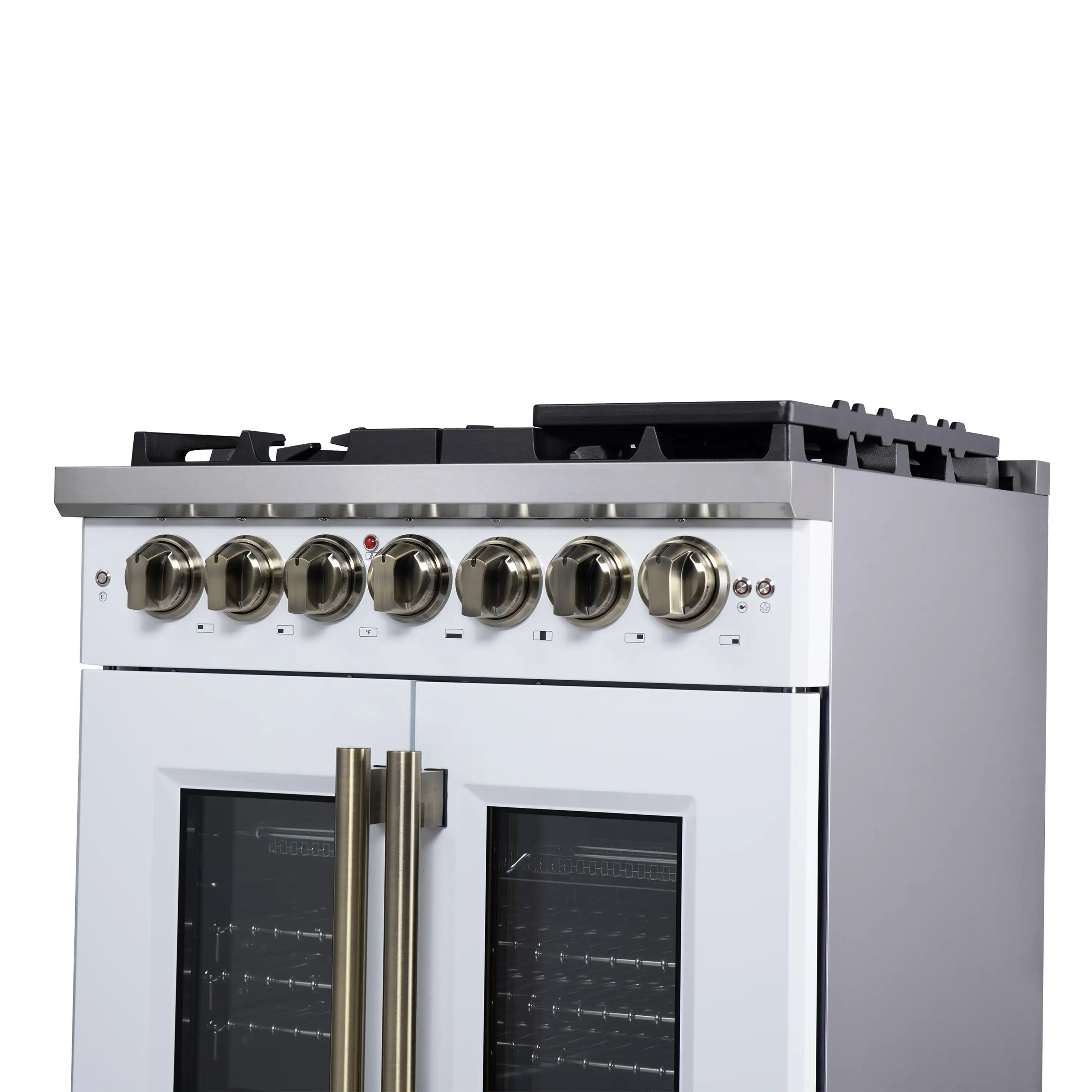White dual fuel range control knobs and French doors with antique brass center handle